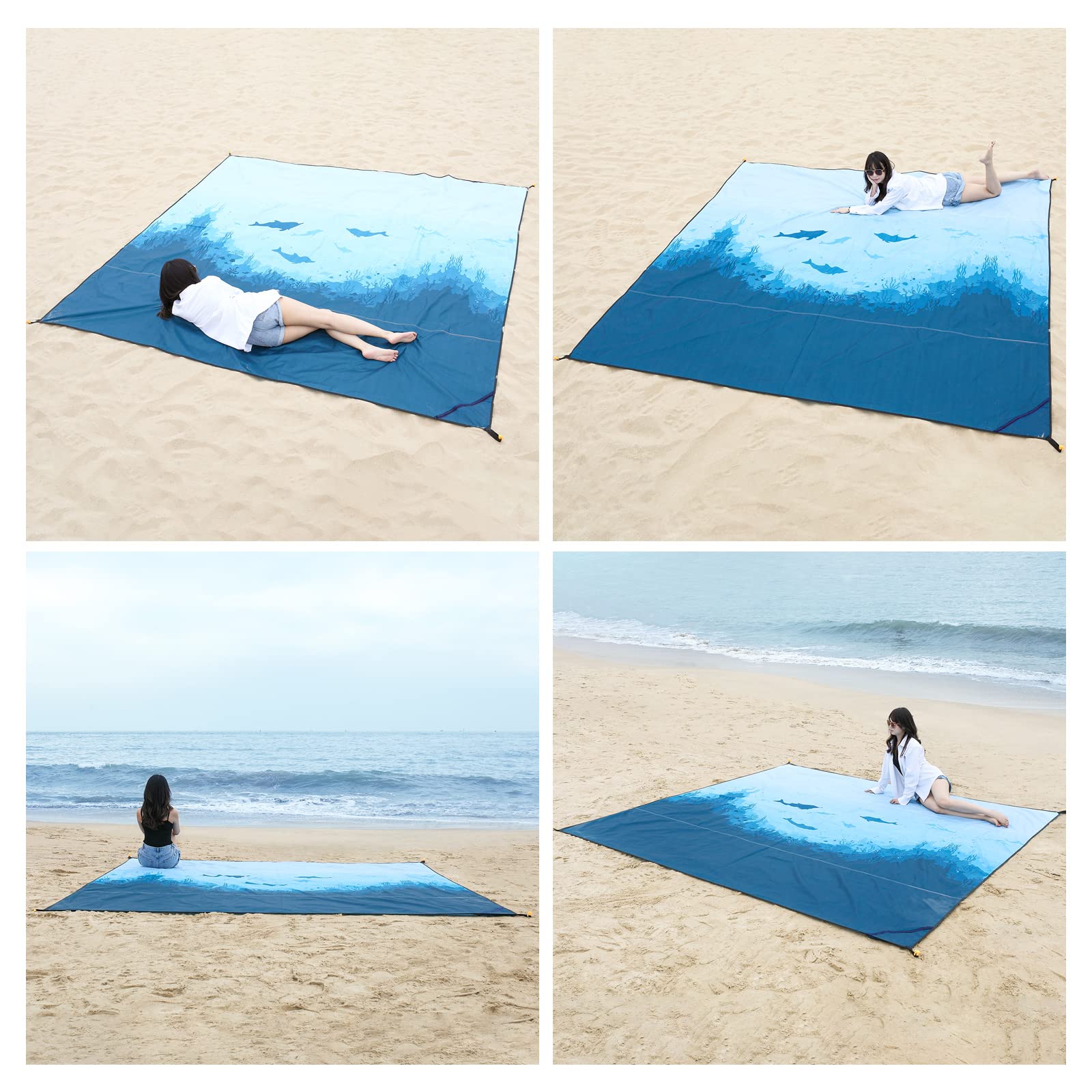 DEWUR Koc plażowy XXL, bez piasku, wodoszczelny koc plażowy, koc piknikowy, duży na urlop, plażę, kemping, podróże (300 x 290 cm, ryby morskie)