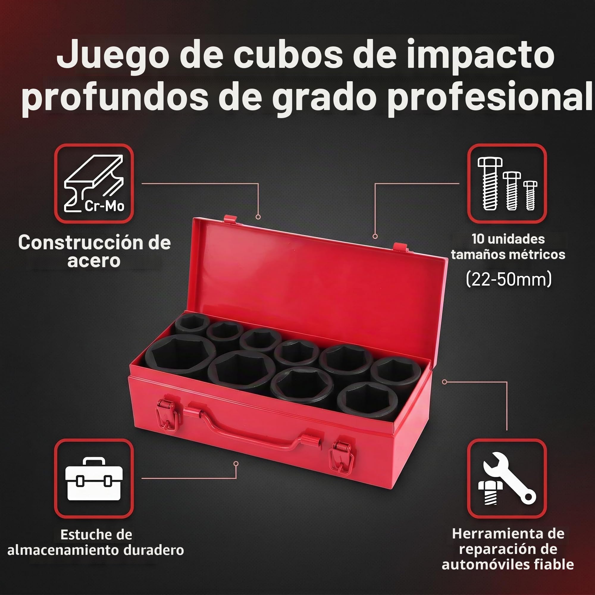 Ausla Juego de Llaves de Vaso de Impacto, 10 Piezas, Métrico 22-50 mm, Accionamiento 3/4", con Maletín