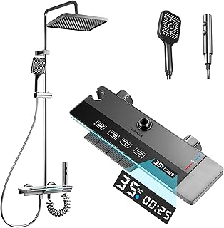 Comprar JUPPLIES Columna de Ducha Termostatica con Pantalla Digital LED, Cabezal de Ducha XL estilo Lluvia, Ducha de Mano, Rociador auxiliar y Grifo Cascada – Acero Inoxidable - Baño de Lujo y Confort