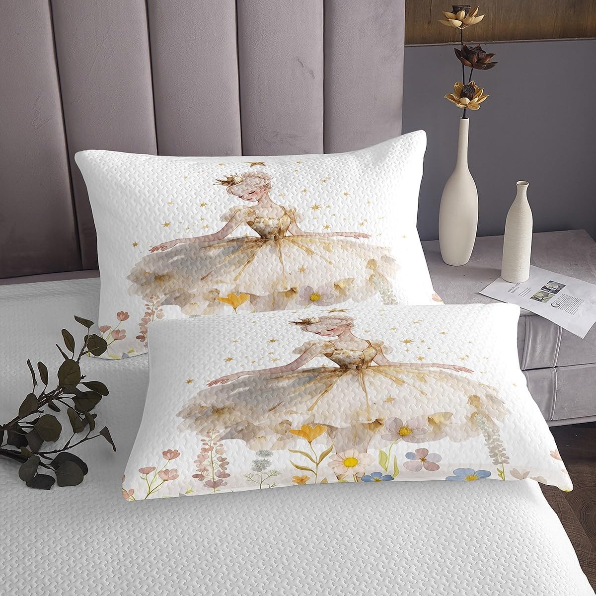 Princess Girl Bedspread King Size,Watercolor Flower Bedding Set 3Pcs for Kids Teens Boys Woman Room Decor,Ballet Girl Dancer Comforter Set Fairy Dreamy Sweet Quilt Coverlet,2 Pillowcases