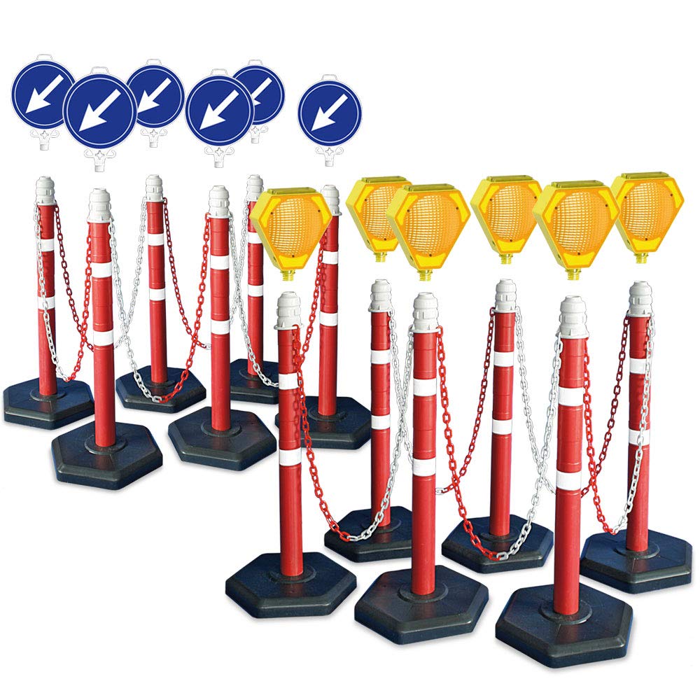 Juego de postes de cadena, 12 soportes de cadena, cadena de 22 m, 6 lámparas solares con batería, 6 carteles de guía "hacia la izquierda"