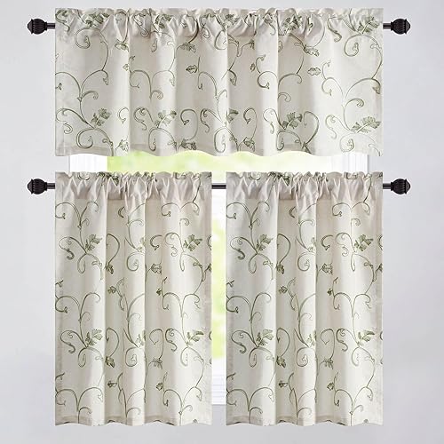 VOGOL Juego de cortinas de cocina de 3 piezas, diseño de enredaderas bordadas y cenefas, paneles de cortina con bolsillo para barra, para granja, 52