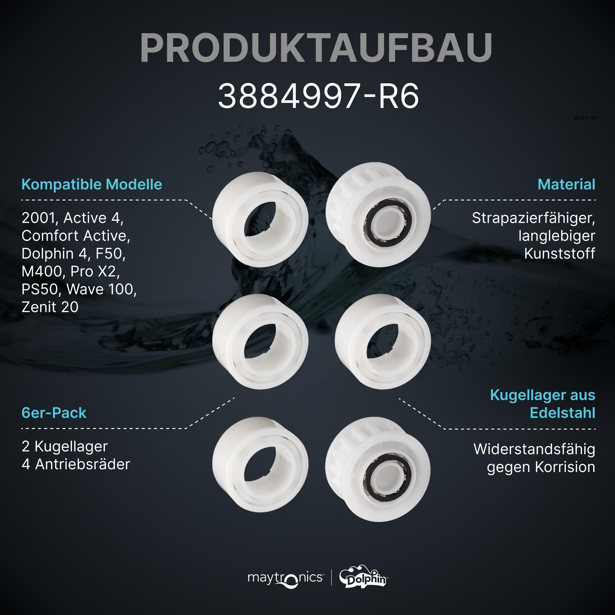 Dolphin Original-Ersatzteil - Führungsräder (4 Stück) mit 2 Zahnriemen - Teilenummer 3884997-R6