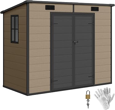 Outsunny 8' x 4' Outdoor Storage Shed, Waterproof Resin Plastic Shed with Floor, Window, Lockable Door and Vents, All-Weather Garden Tool Shed for Backyard, Patio, Lawn, Brown