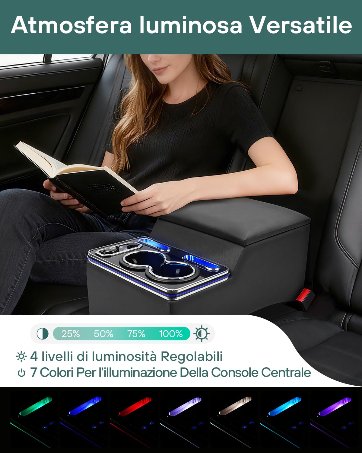 Console Centrale Auto Universale, Console Centrale con Vano Portaoggetti Aggiornato con Luci LED a 7 Colori e 4 Livelli di Luminosità Regolabili per Van, SUV, lkw, Bus, Auto