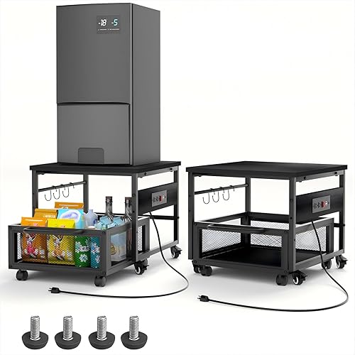 Mini soporte para refrigerador con almacenamiento y ruedas, mini mesa de nevera resistente con tomas de corriente para refrigerador de 220 libras,