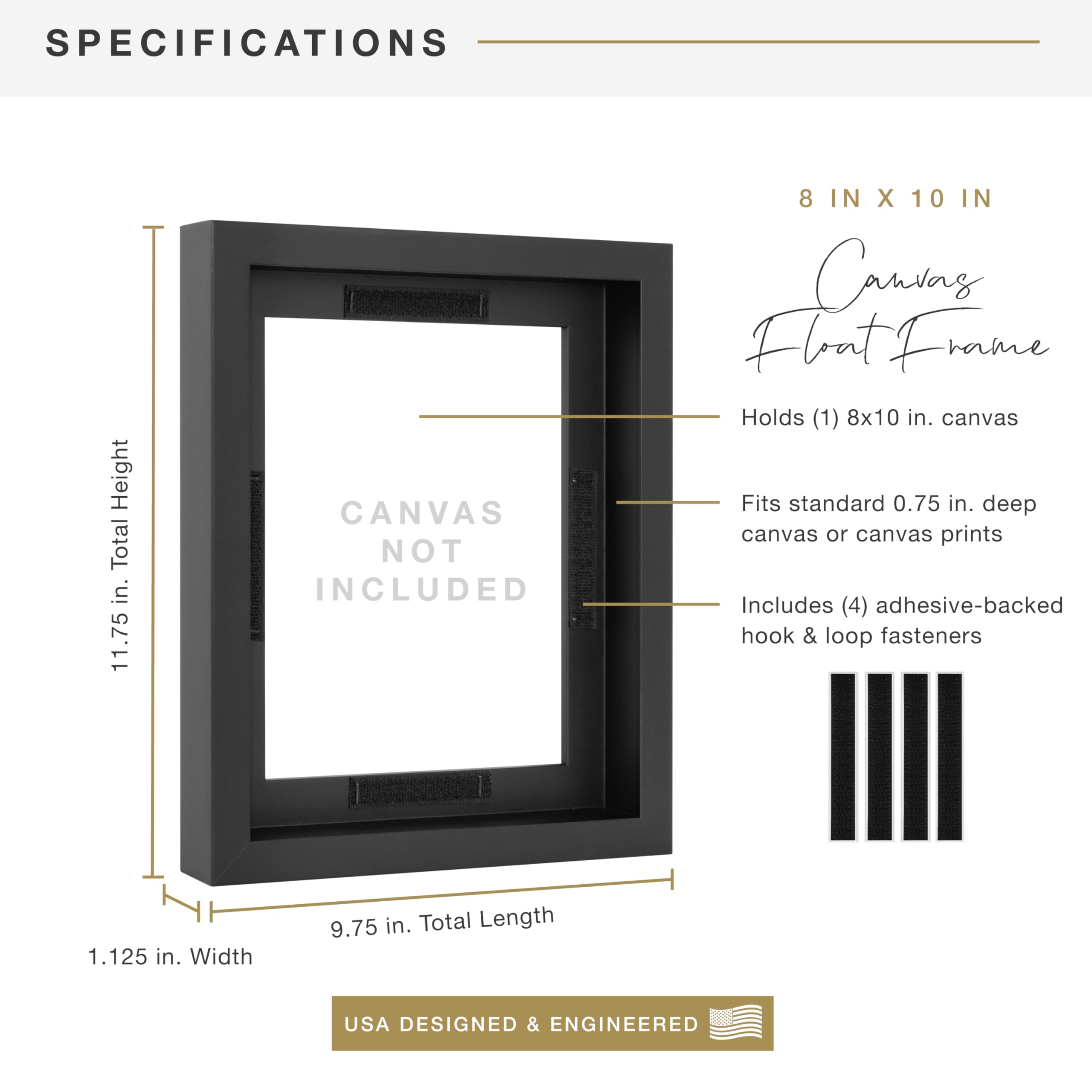 MCS Floating Canvas Frame, Art Frames for Canvas Paintings with Adhesive Fasteners and Hanging Hardware, Black, 8 x 10 Inch