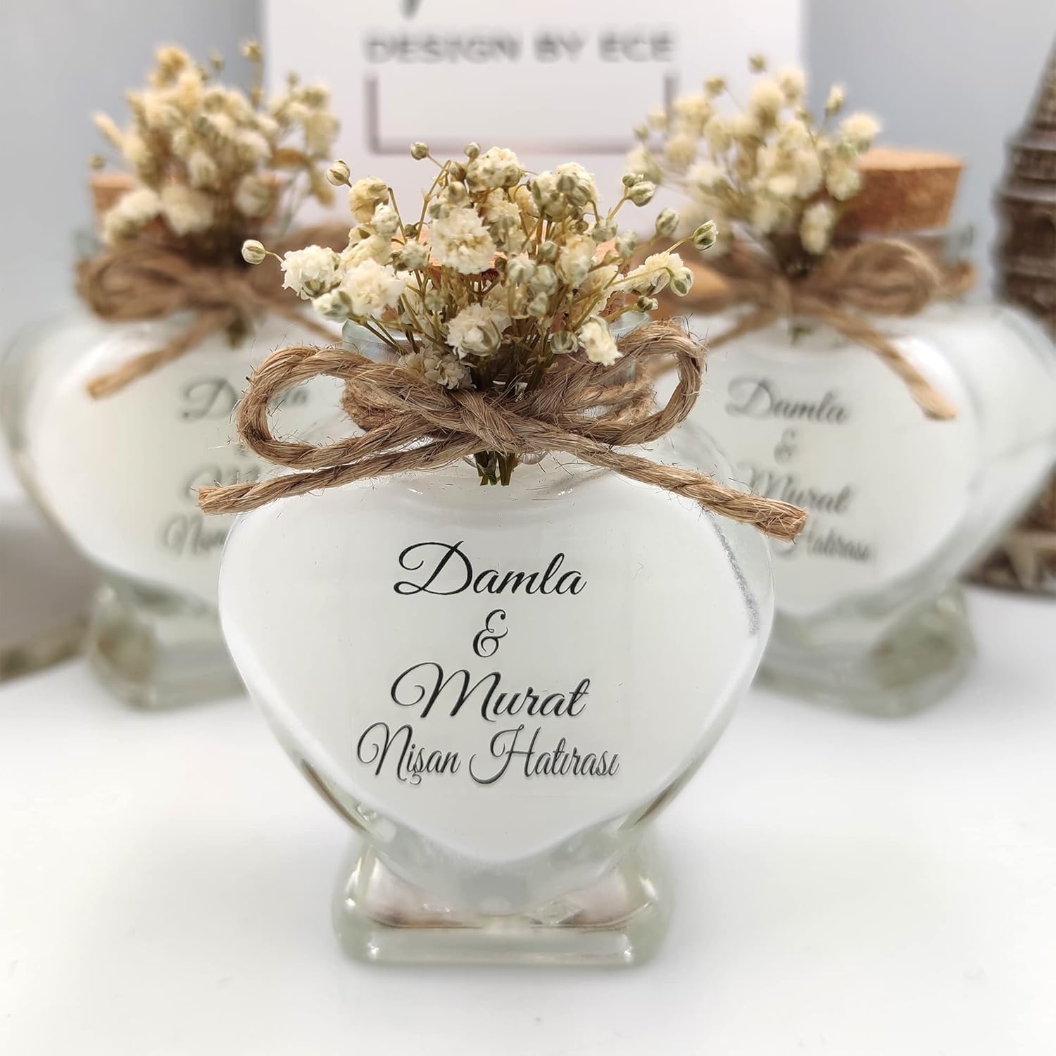 Wedding Favor Guest Bulk, Set of Heart Glass Candle Party with Custom Sticker and Dried Flowers Bridal Party, Baby Shower Gifts (White, Set of 50)