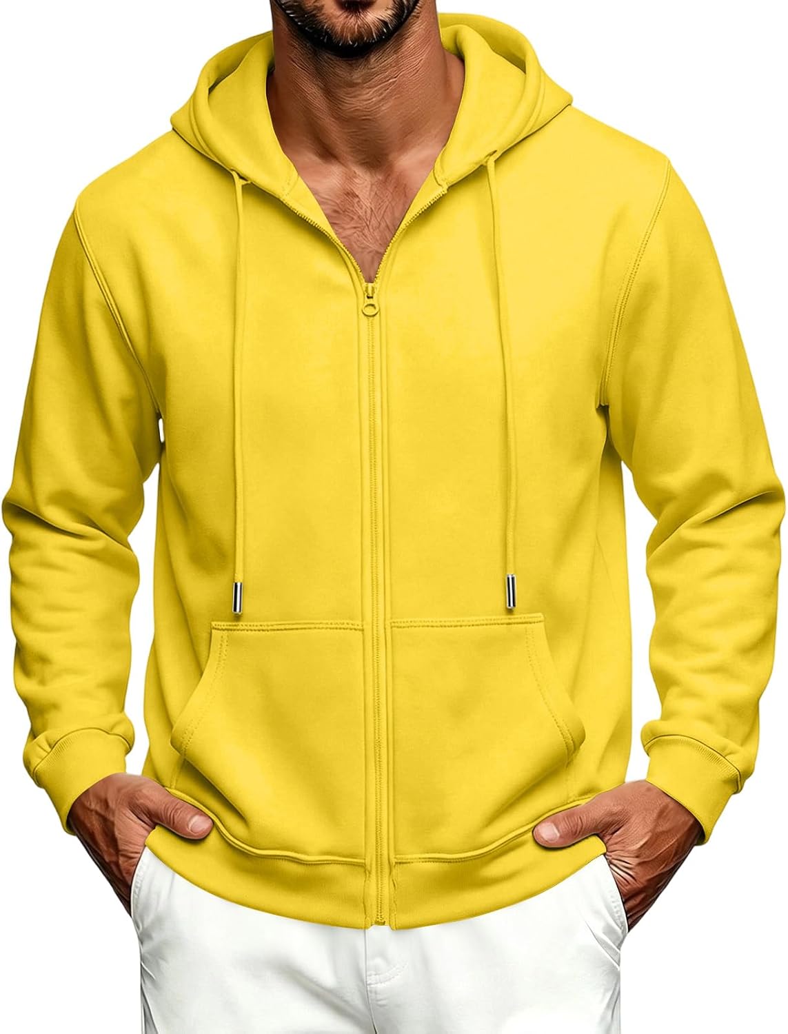 Men's Solid Zip Hoodie Fleece Top with Draw Adj for Daily Home & Outdoor Act