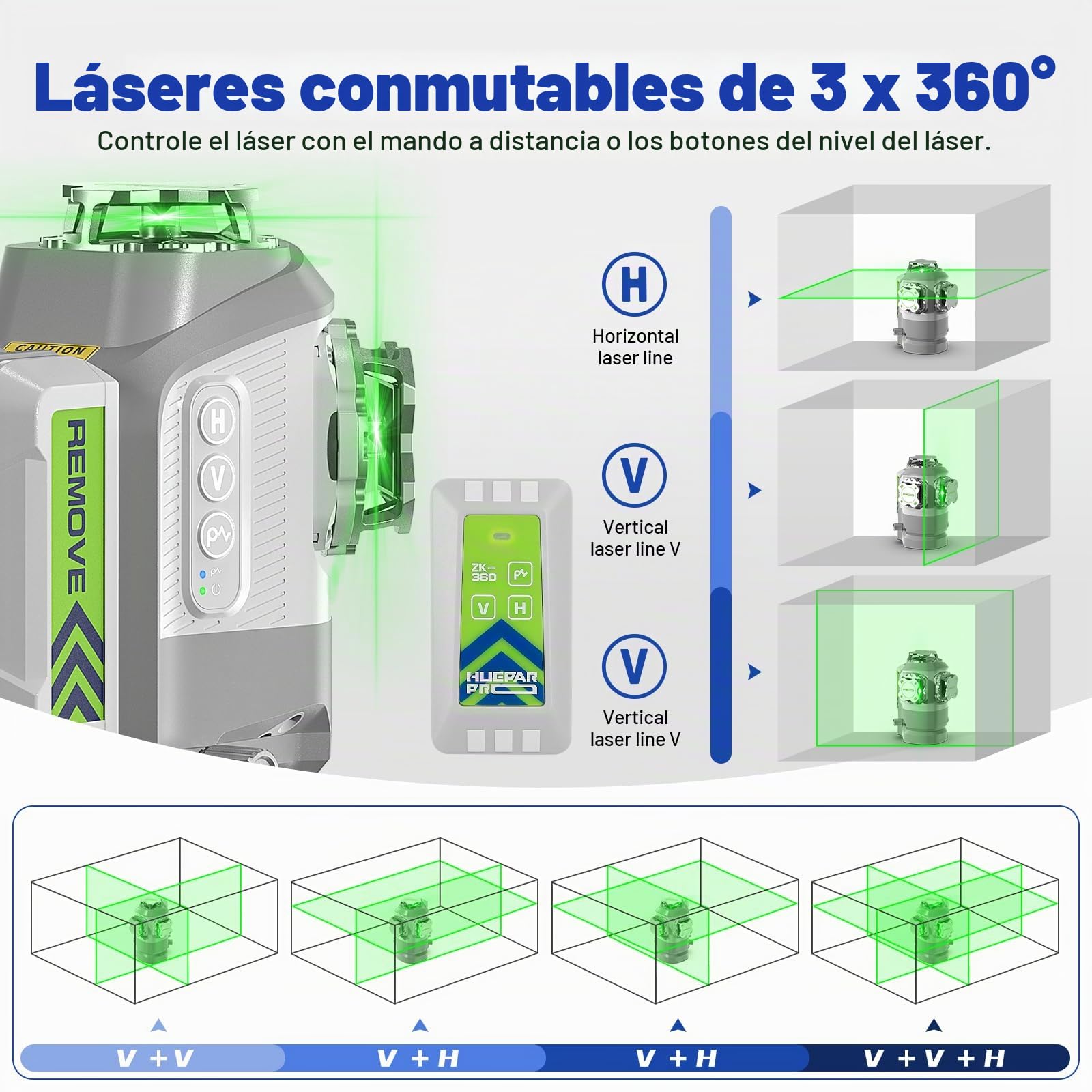 Huepar Pro Láser Nivelador con Base Giratoria Ajustable en Pivot, Nivel Láser Verde Autonivelante 360°, Recargable, Control Remoto, Alta Precisión ±2 mm, Modo Pulso, Uso Profesional