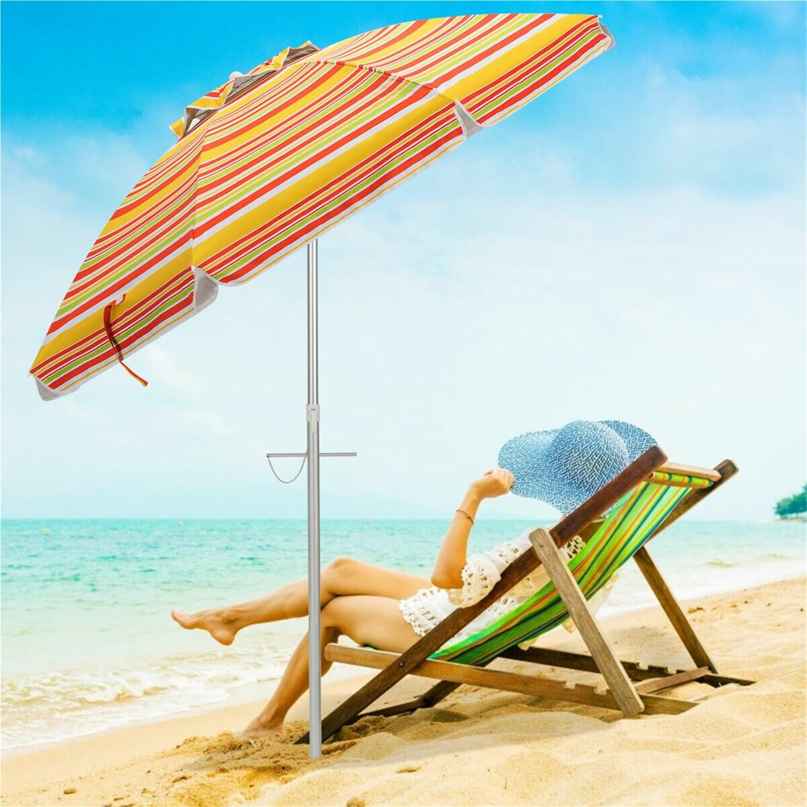 Sonnenschirm Strand 2M Strandschirm Terrasse Tragbarer Sonnenschirm Regenschirm W/Sand Anker & Neigung UPF 50