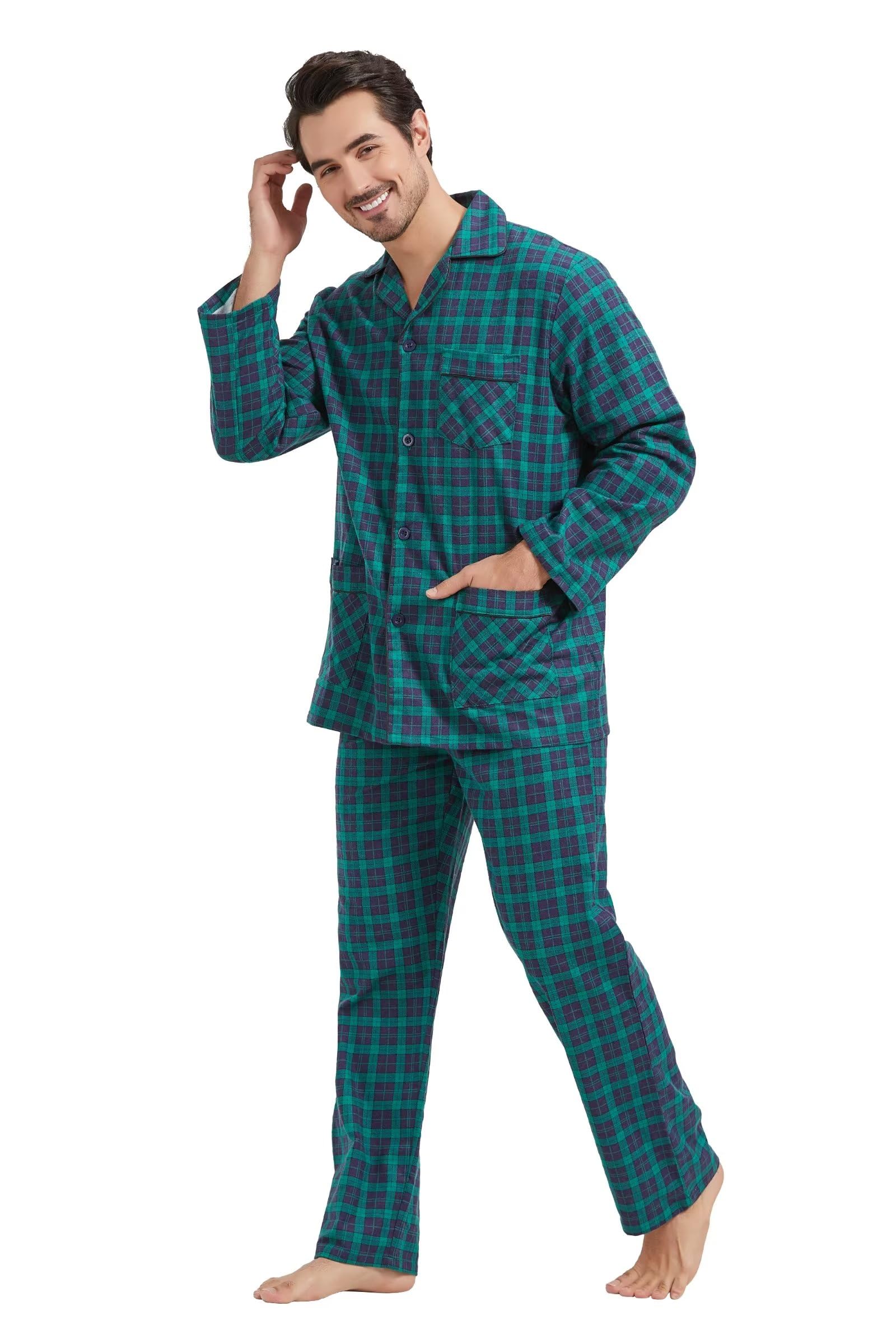 Amaxer Pigiama Cotone Uomo Lungo 100% Flanella Invernale Indumenti da Notte Top a Manica Lunga con Tasche Pantaloni con Coulisse