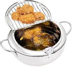 Fritadeira Oleo, Fritadeira Japonesa em Aço Inox, 20cm, 2.2L, Com Tampa e Termômetro, Escorredor de Óleo, Panela Tempura Profunda com Termômetro E Tampa