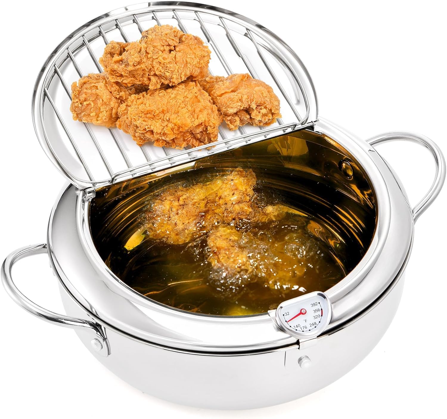 Pentola per frittura, pentola giapponese in acciaio inox con scarico dell'olio, controllo della temperatura e coperchio, friggitrice tempura per fornelli a gas/induzione, per patatine e pollo (24CM)