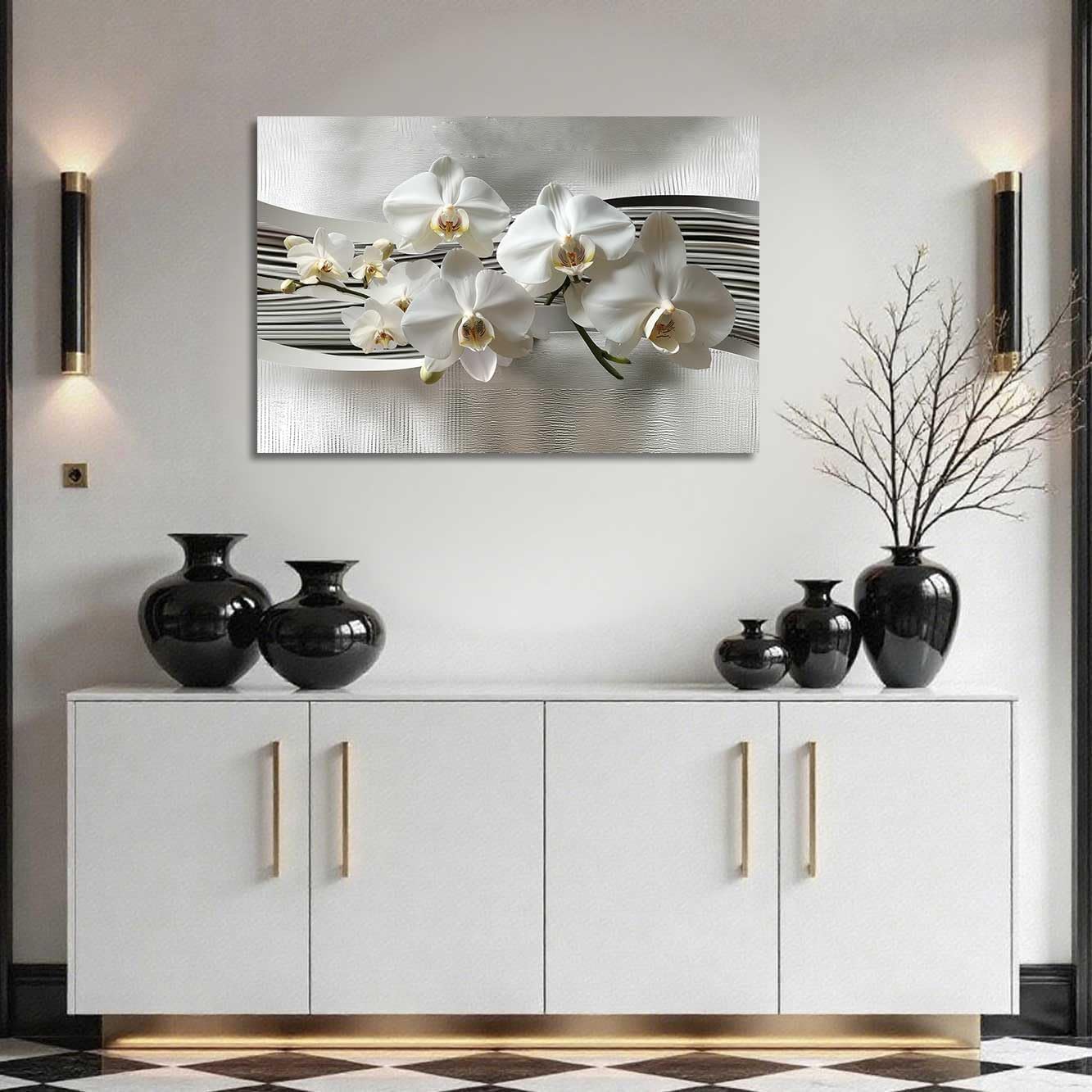 YMXDYMJSW Large Orchid Canvas Wall Art White Orchid Flowers Pictures Print Abstract Floral Painting White and Silver Flower Poster for Living Room Bathroom Decor (Grey, (20L x 30W))