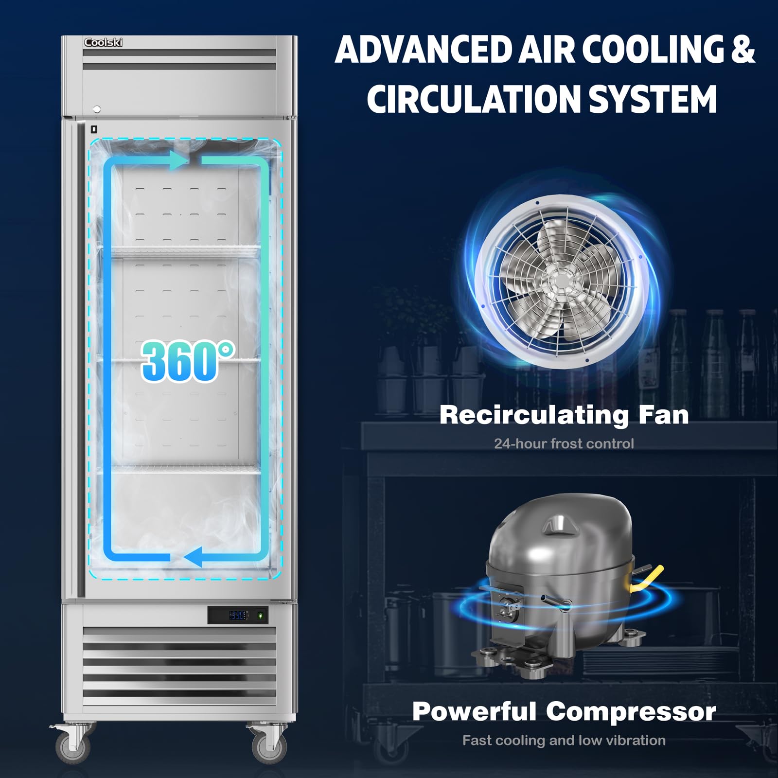 COOLSKI 19.32 Cu.Ft Commercial Freezer Single Solid Door, Upright Reach-In 27" W Stainless Steel Freezer Fan Cooling For Restuarant, Bar, Shop, Garage, -13℉~-5℉, 4 Shelves on Fridge.com - View 5