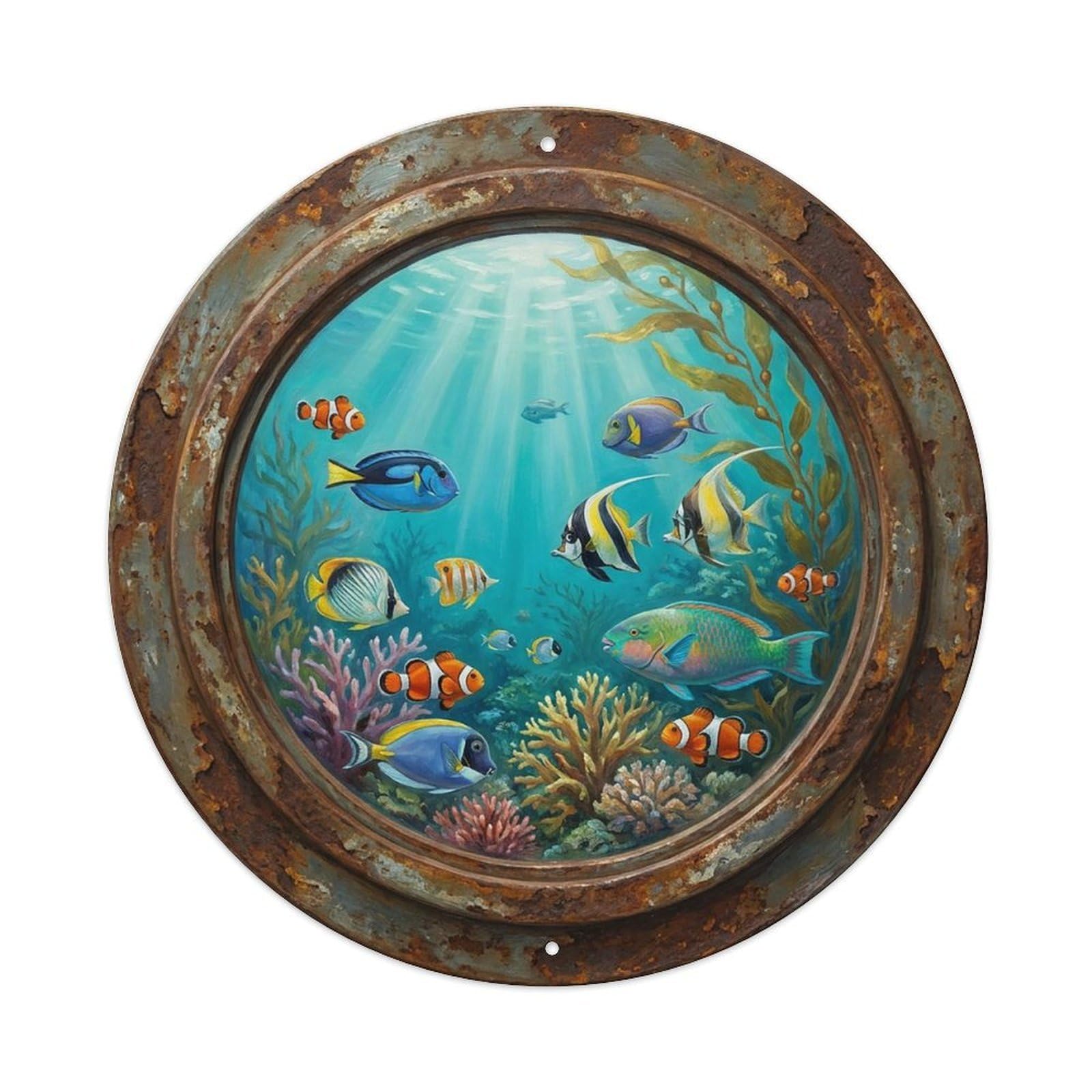 Vintage Porthole Mixed Species Ship Window Under Deep Metal Tin Sign