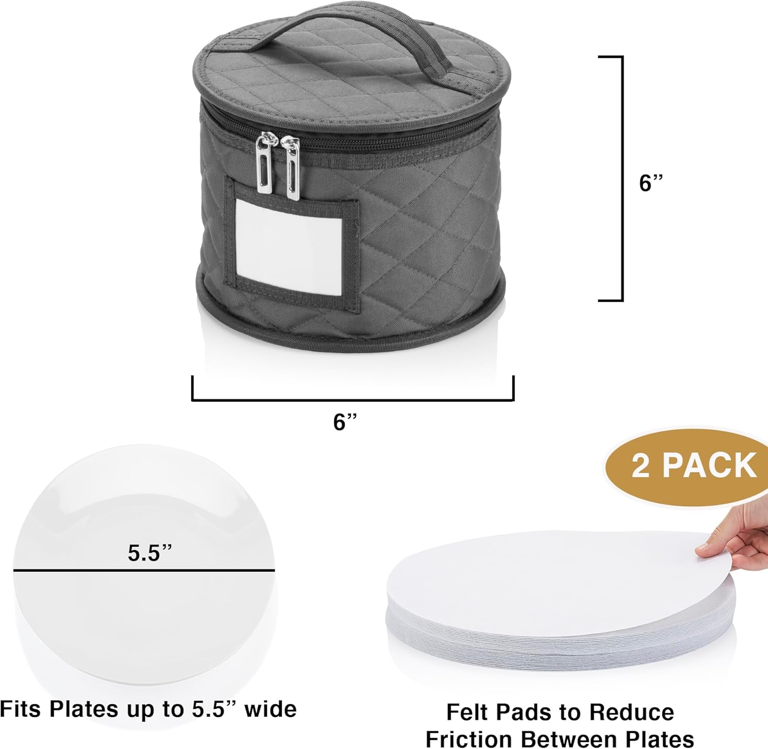 2 Pack 6" Small Plate Storage Case - China Storage Container - Stackable With Padded Interior to Store Dinnerware Dishes - 24 Felt Dividers Included - Gray - Great for Saucers and Small Bowls