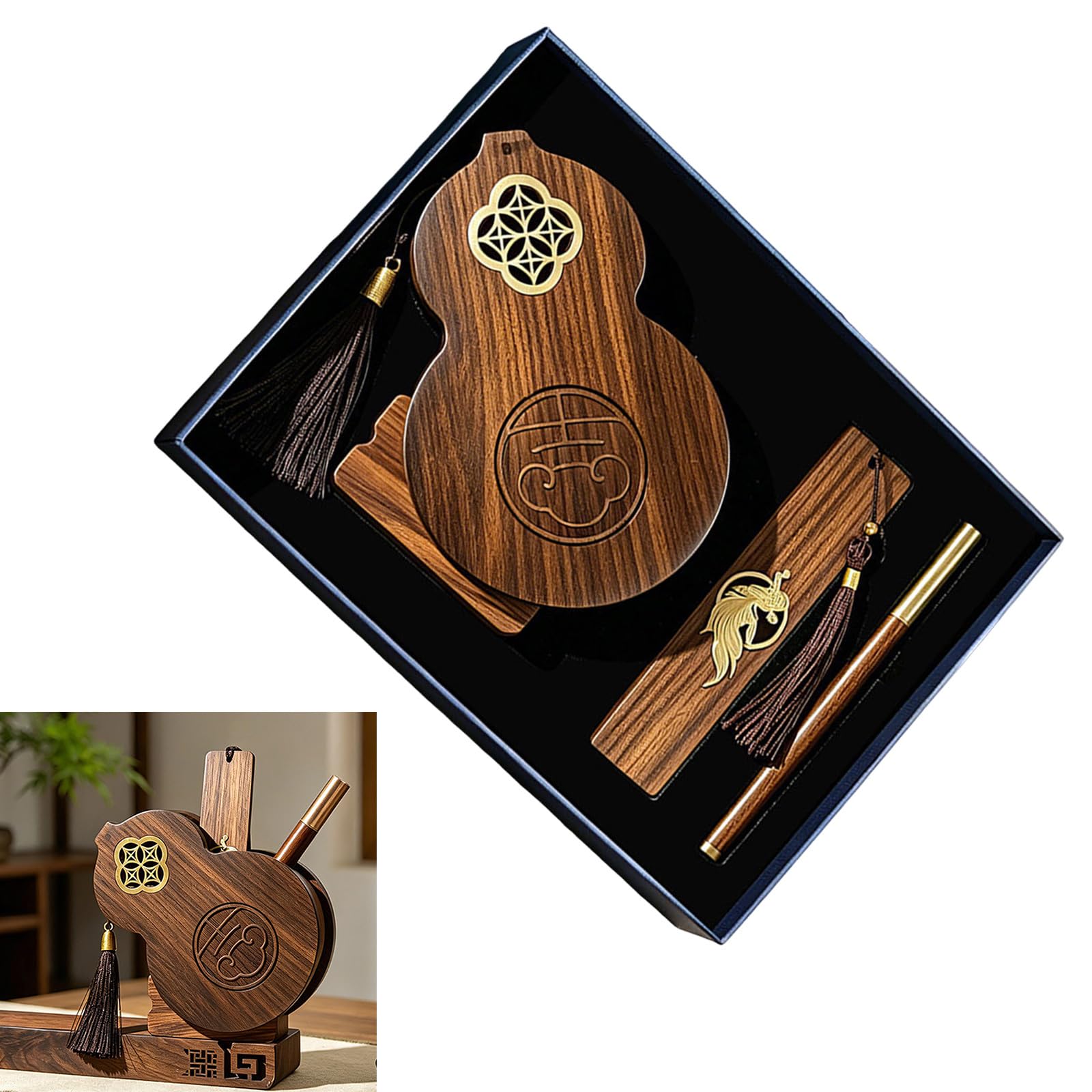 Set portapenne da scrivania in legno con segnalibro e penna, A | Organizer ispirazione cinese con aspetto legno per scrivanie da studio e da lavoro