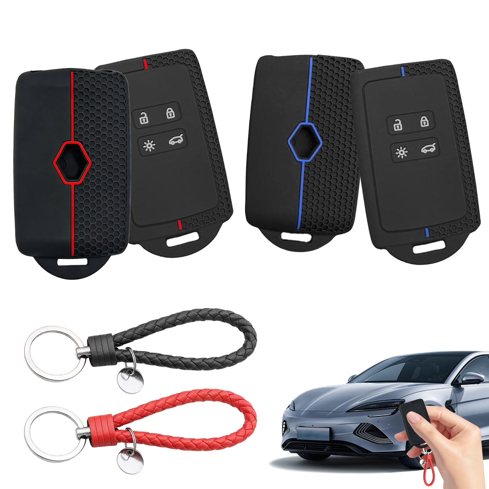 2PCS Car Key Cover for Renault and Dacia 4 Button Key Fob Holder for Renault, Clio, Megane, Kadjar, Captur, Soft TPU Car Key Card Protection Case with Keychain (Blue Line/Red Line)