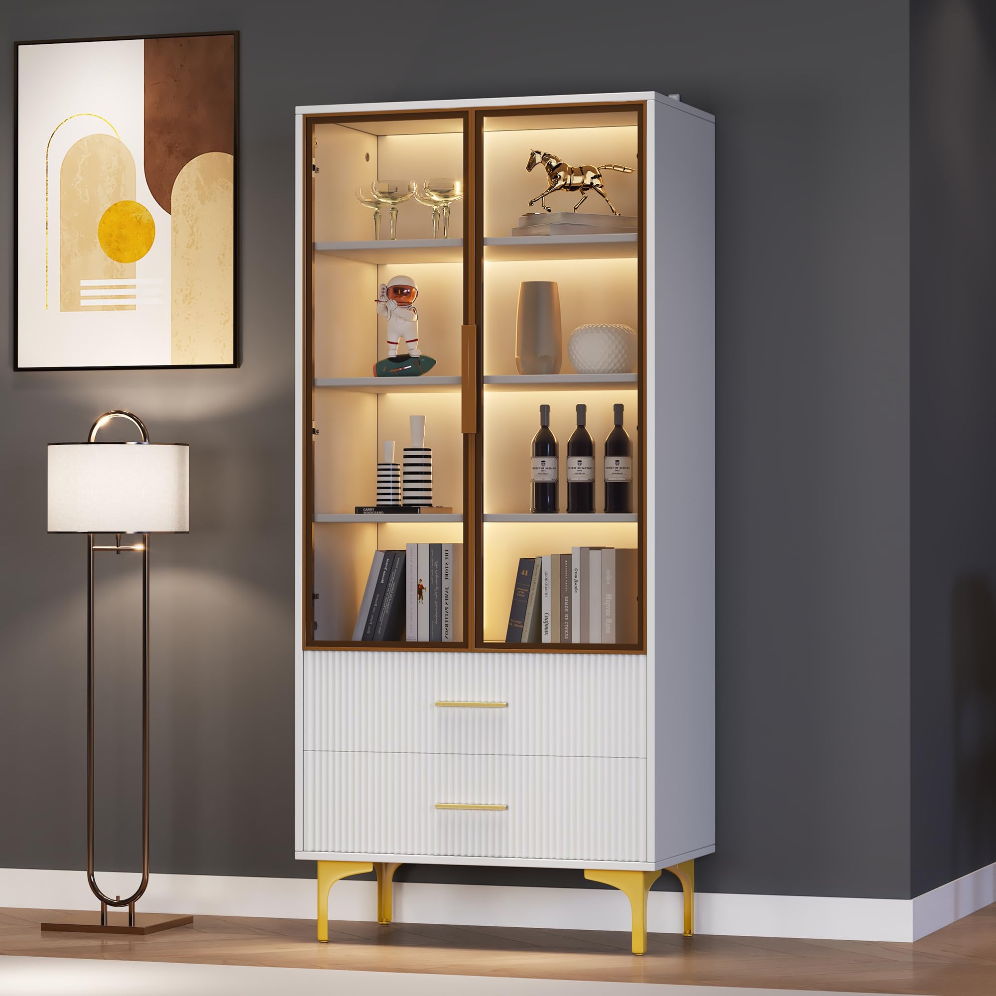 Vetrina bianca con illuminazione a LED, armadietto con porta in vetro e 2 cassetti, in vetro per soggiorno, camera da letto (bianco, 70 x 35 x 150 cm)