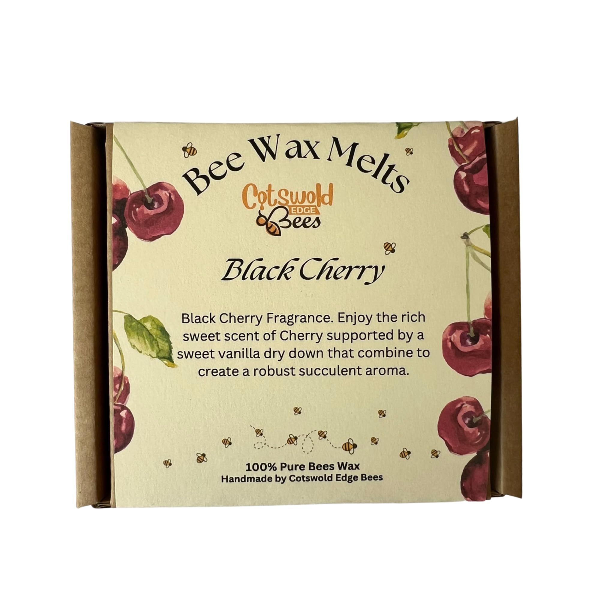 Cotswold Edge Bees Ltd Beeswax Strong Scented Melts, Black Cherry, 5 Melts per pack in a Gift Box Fruit scented melts. Natural Bee Wax handmade in the UK