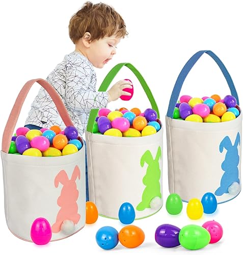 Ebingoo 3 cestas de Pascua para niños, vacías con asa, cestas de Pascua personalizadas para niños y niñas, caza de huevos de Pascua, bolsa de lona
