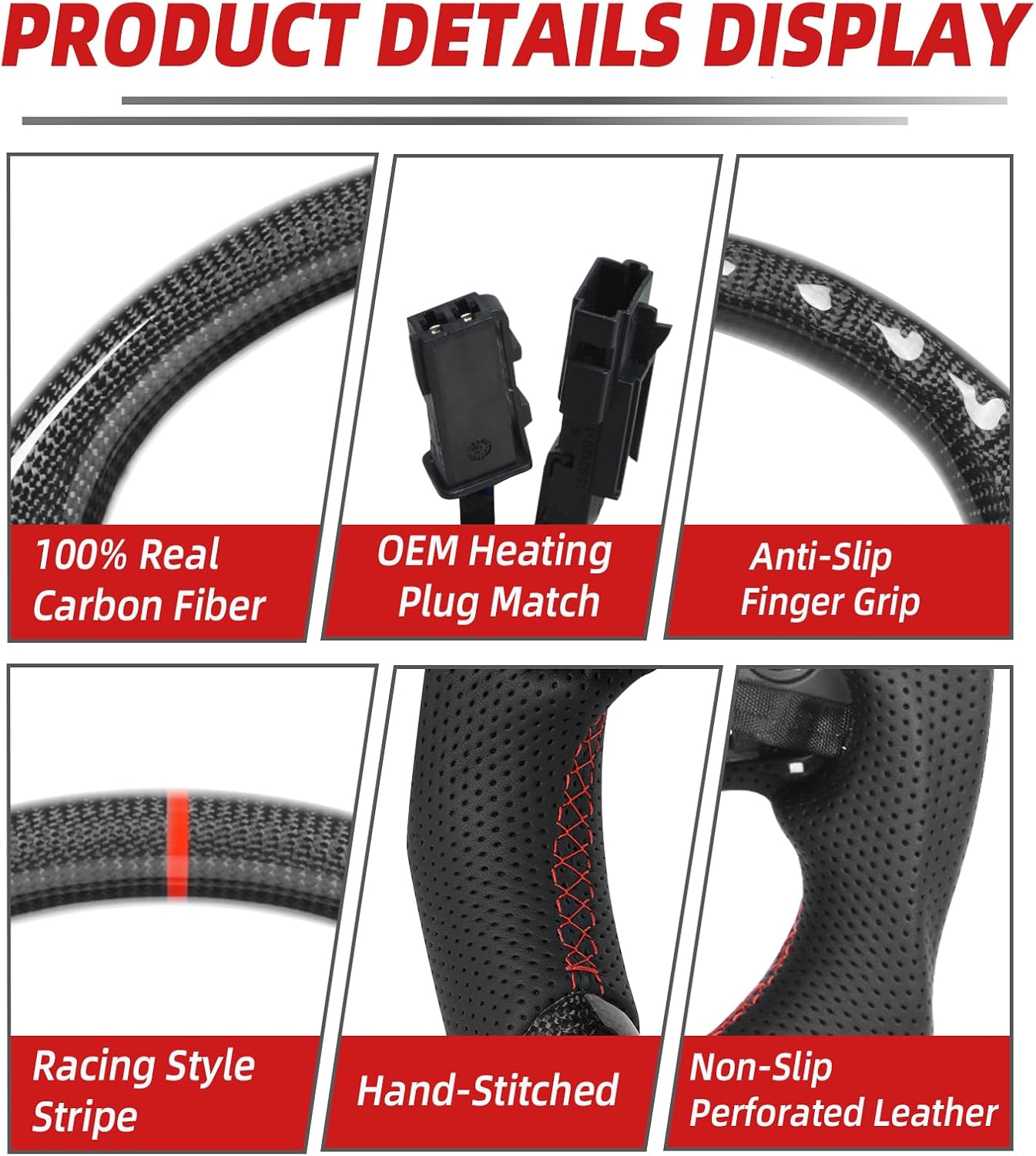 Heated Real Carbon Fiber Steering Wheel for Jeep Grand Cherokee 2014-2021 WK2, Summit Overland Limited Laredo Altitude, Red Stitching Flat Bottom Sport Grip, Retains OEM Heating, Not for SRT Trackhawk