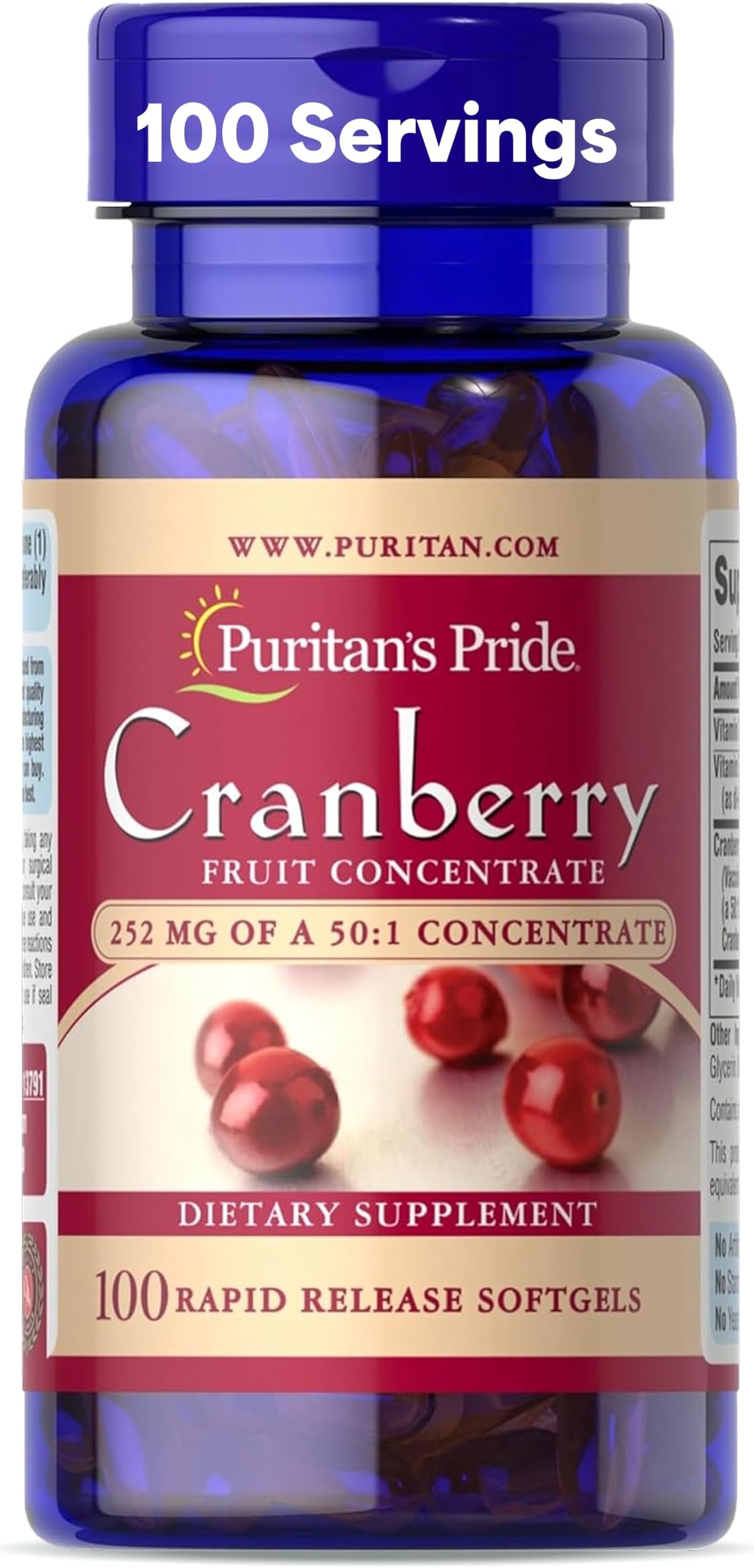 Premium Cranberry Fruit Concentrate 252mg (12,600mg Equivalent) with Vitamins C and E, Dietary Supplement for Immune System Support, 100 Rapid Release Softgels
