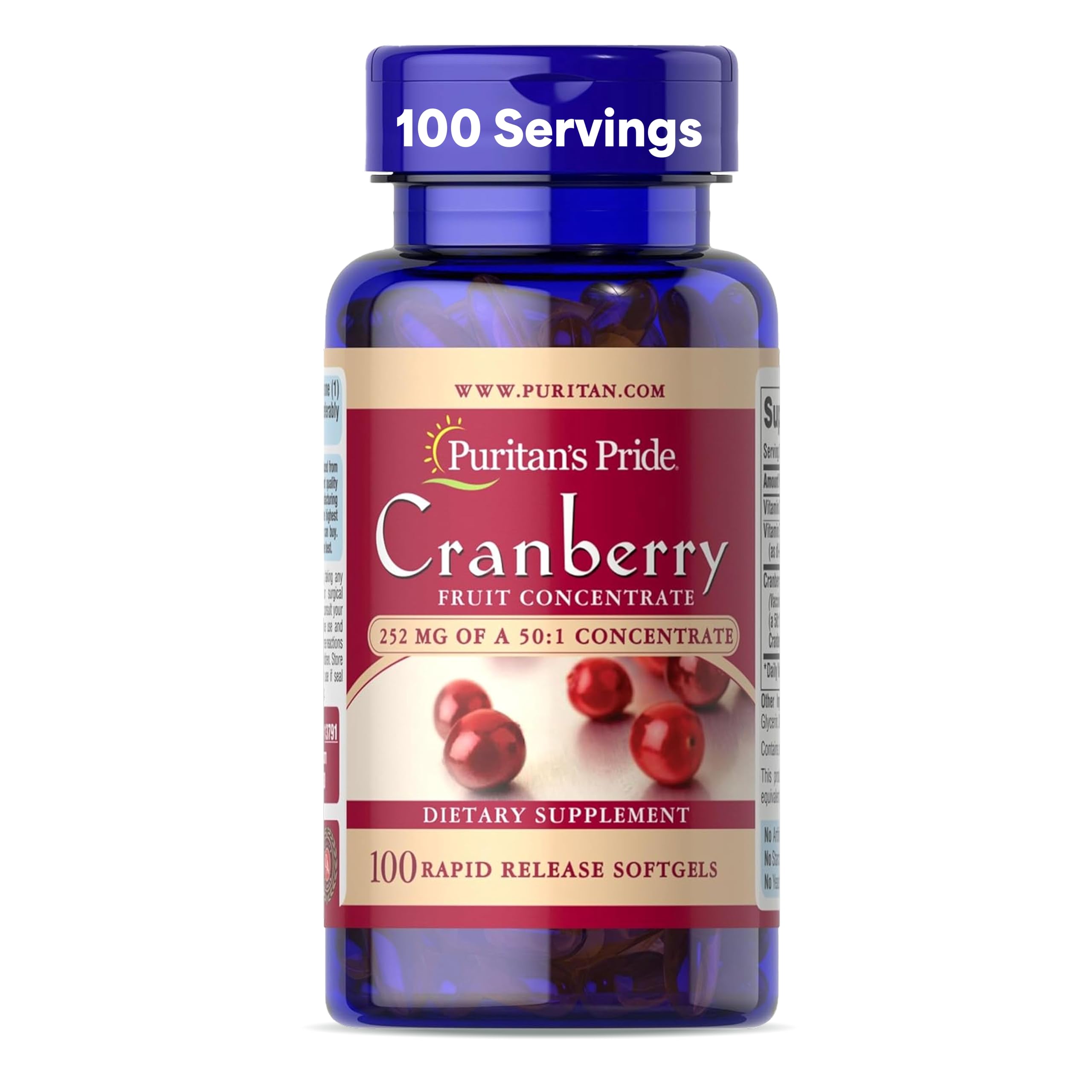Puritan's Pride Triple Strength Cranberry Fruit Concentrate 12,600 Mg, Supports Urinary and Bladder Health, 100 Count