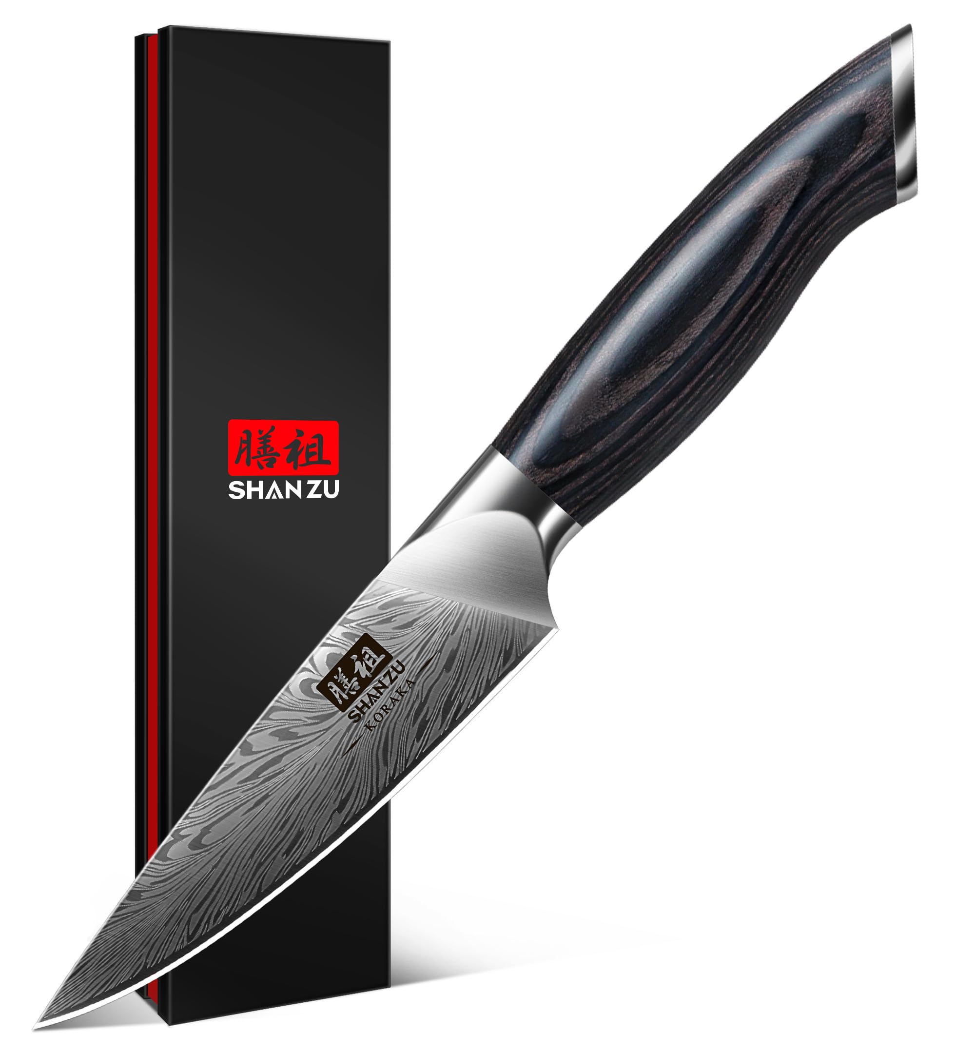 SHAN ZU Kitchen Paring Knife 10 cm - Japanese Powder Steel 63 HRC Peeling Knives for Friut Razor Sharp 12° Edge Vegetable Chopper with Pakkawood Handle