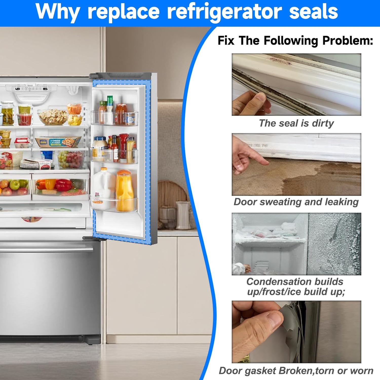 Upgraded 41.81"x 16.93" W11396037 Refrigerator French Door Gasket Compatible with Whirlpool,Kitchen Aid and Kenmore Refrigerator Door Seal WPW10443236 W10830057 W10443236 W10165979 W10163896 White