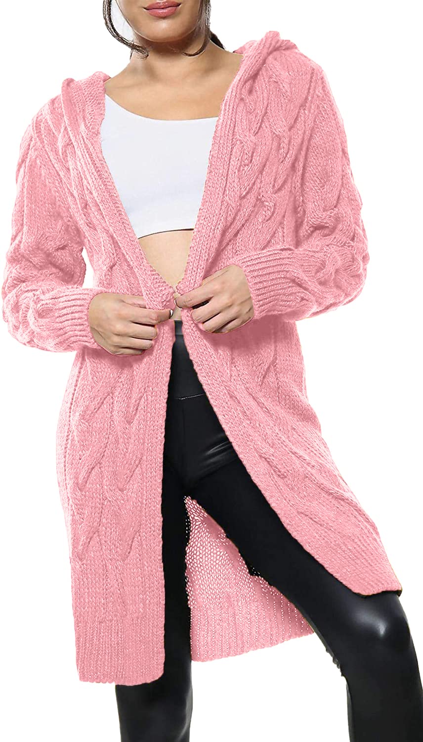 Gostyles Women's Pink Gostyles® Cardigan Cable Open Front Knitted Oversized Long Hooded Chunky Jumper Cape Top Sweater Knitwear Loose Coat (, Xxl)