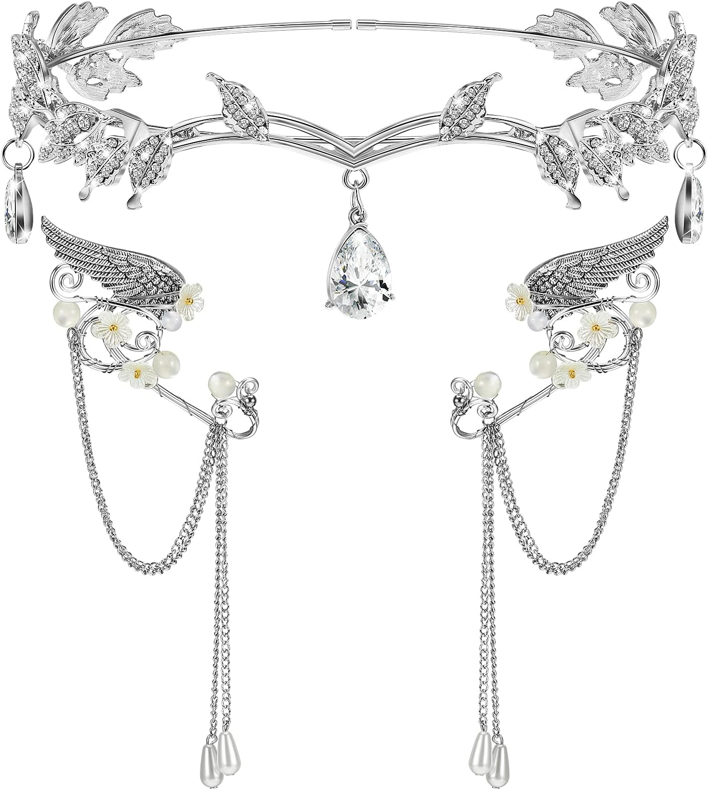 Hicarer 3 Pcs Halloween Rhinestone Leaf Headband Metal Elf Ears Fairy Costume Crown Princess Cosplay for Women(Silver)