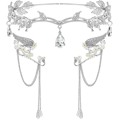 Hicarer 3 Pcs Halloween Rhinestone Leaf Headband Metal Elf Ears Fairy Costume Crown Princess Cosplay for Women(Silver) - Silver