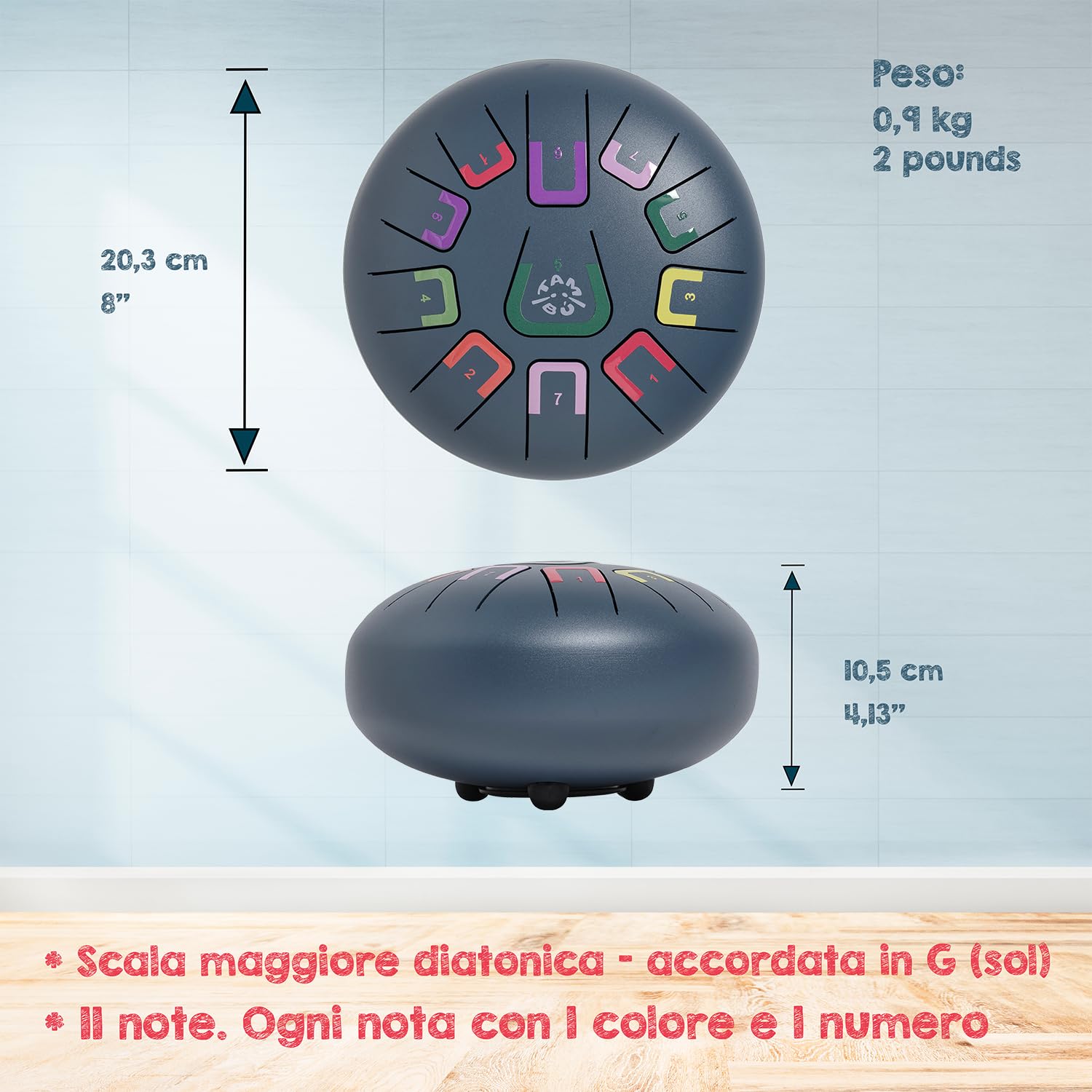 TAMBÚ - Tamburo in acciaio, 20,3 cm, 11 note, Handpan, strumento a percussione metallico (blu opaco)