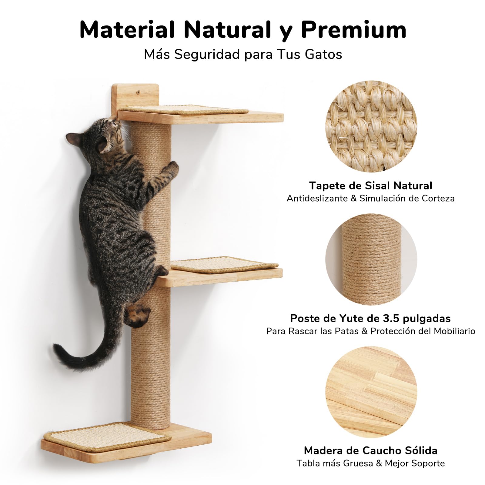 FUKUMARU Estantes de Pared para Gatos en Madera de Goma y Yute, 3 en 1 transformable con 3 tapetes para Rascar de Sisal, Montado en Pared, Adecuado para Escalar, Jugar y arañar