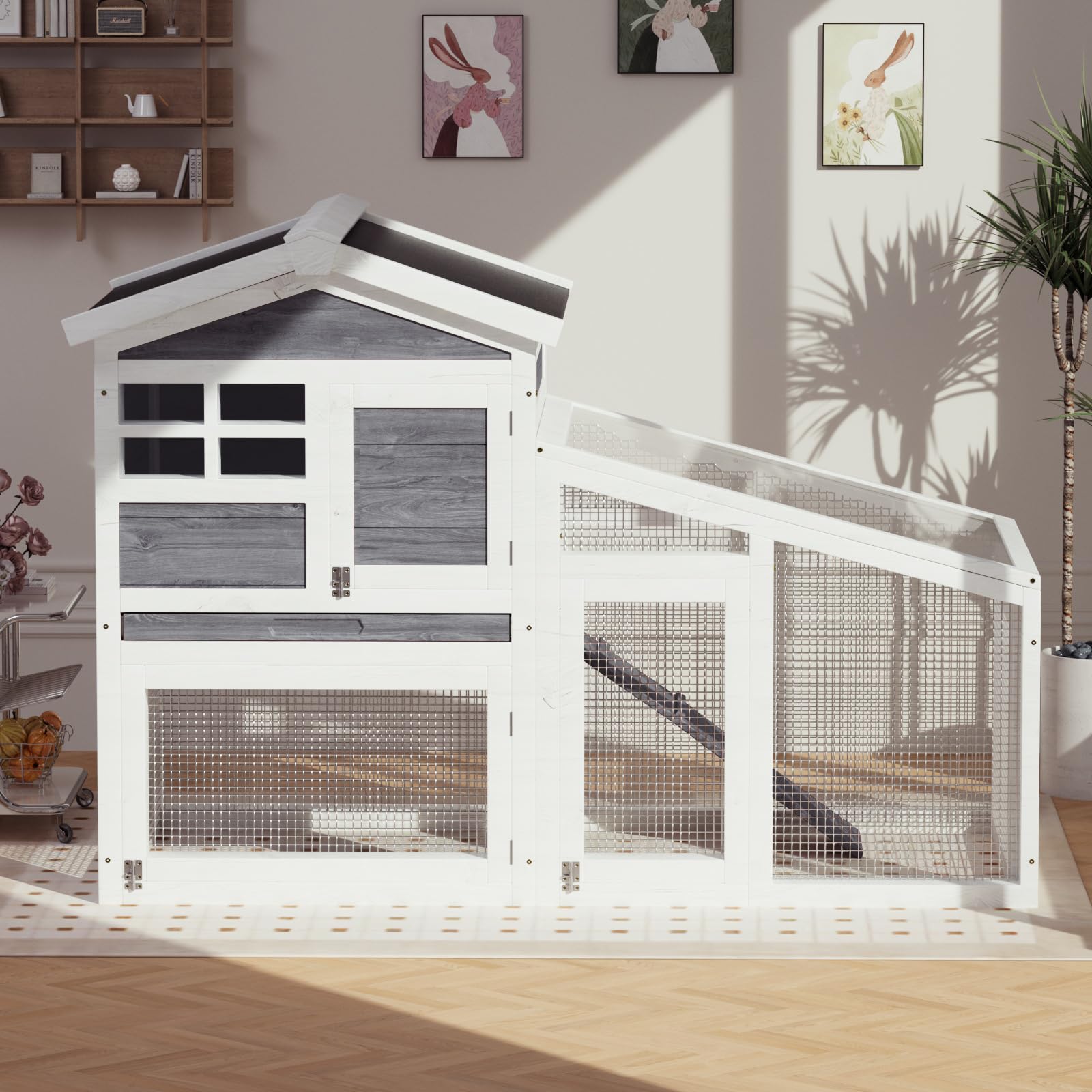 Rabbit Cage, Outdoor Weatherproof Bunny House Wooden, Indoor Bunny Cage with Run, Rabbit Hutch with Removable Tray, Grid Fences, Ramp 53.15" L x 23.62W 37.8" H Gray - image 5