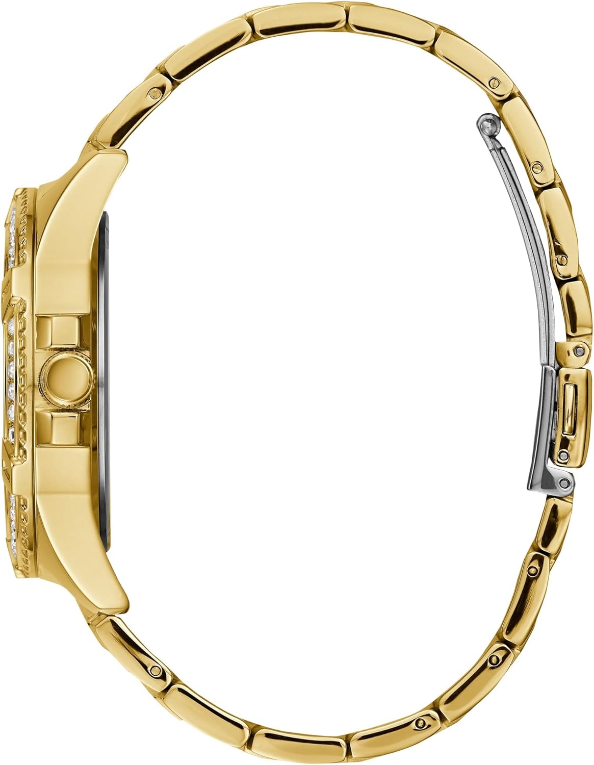 GUESS Gold-Tone Stainless Steel Crystal Watch with Day, Date + 24 Hour Military/Int'l Time. Color: Gold-Tone (Model: U1156L2)