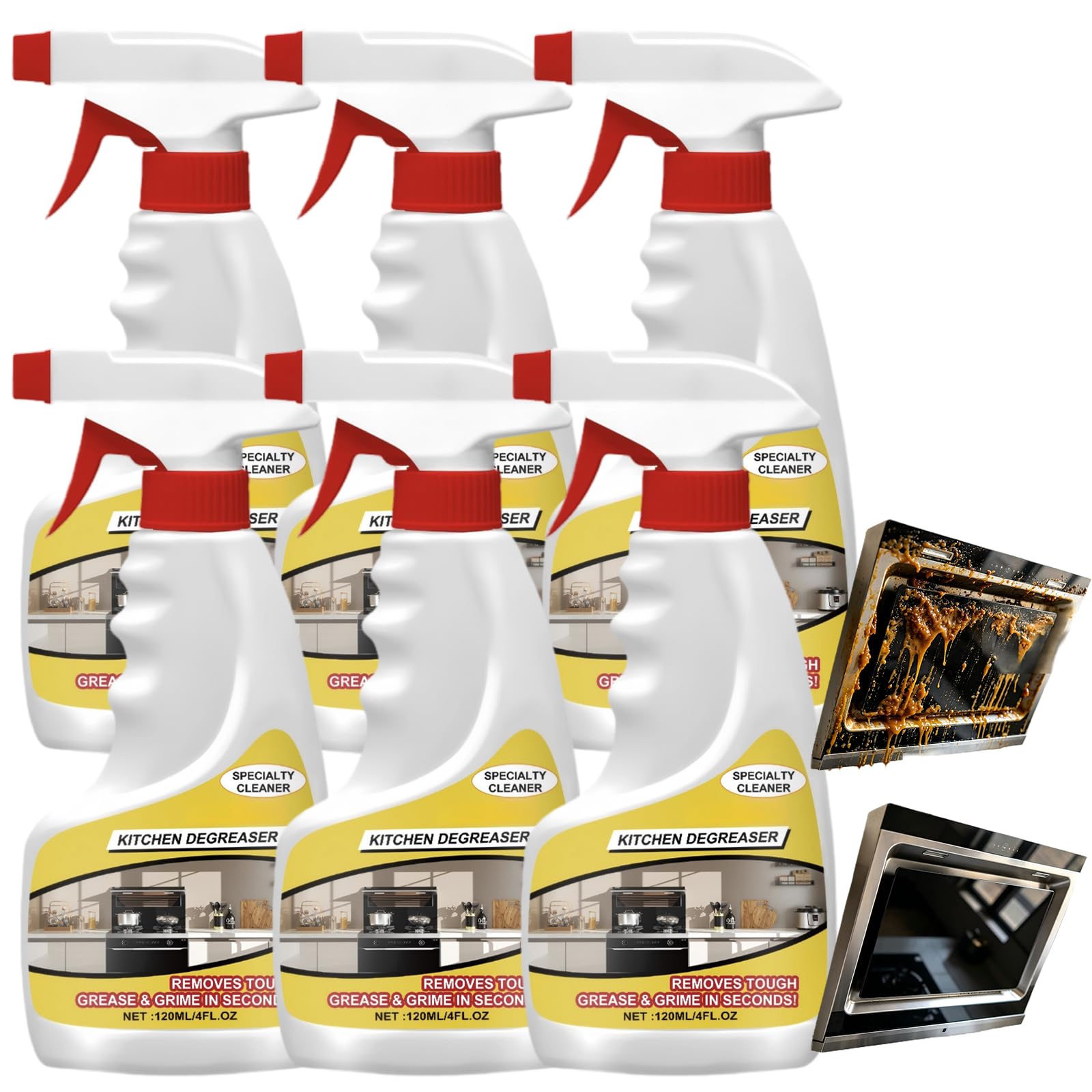 Spray smacchiatore per macchie gialle ad azione rapida, potente sgrassatore liquido da cucina, portatile da campeggio, barbecue, residui appiccicosi, schiuma detergente a rapida risoluzione (6 pezzi)
