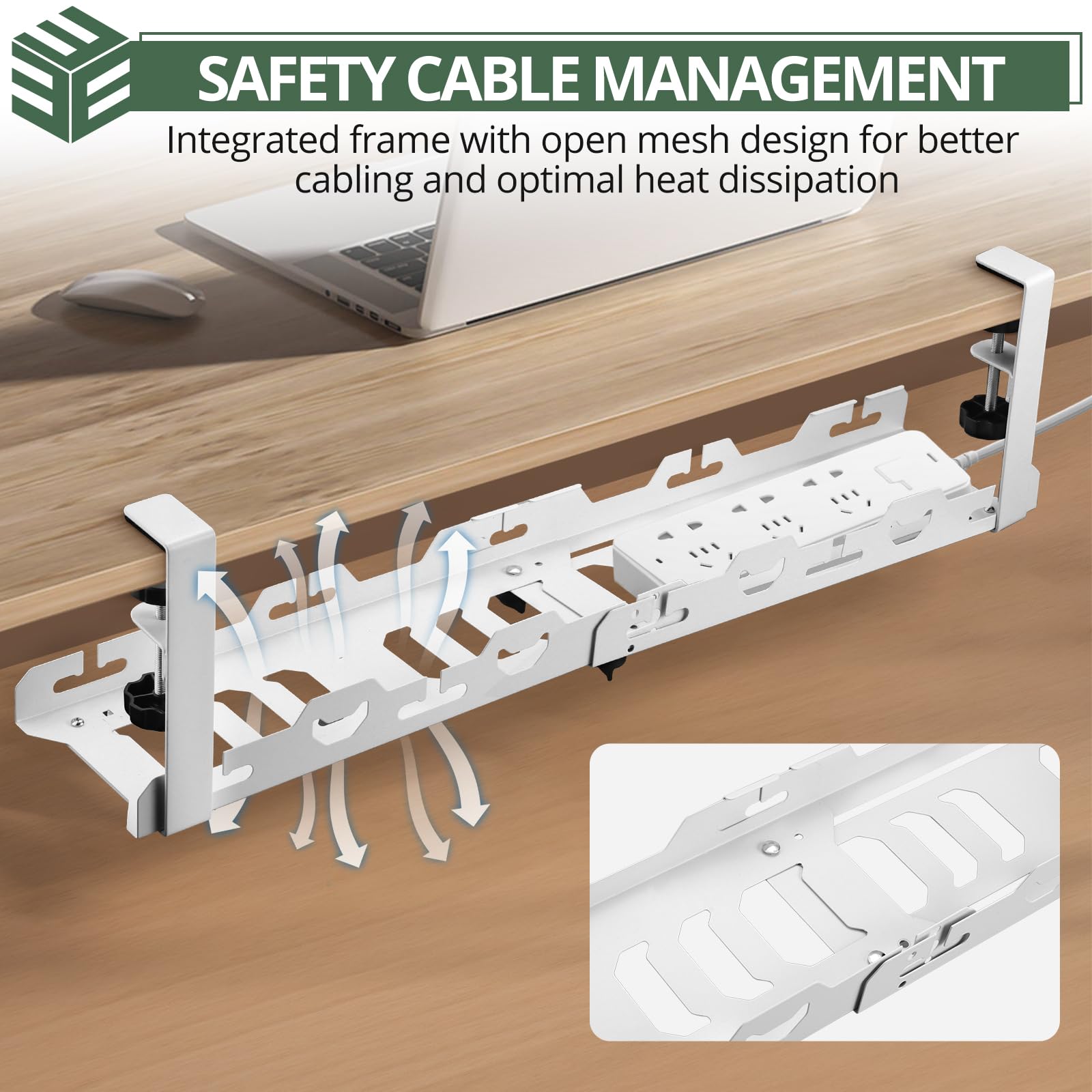 EYPINS Organizador de Cables para Debajo del Escritorio, sin Taladro, de 40-74cm, Retráctil, Resistente, de Acero al Carbono, Bandeja Cables Escritorio Blanco