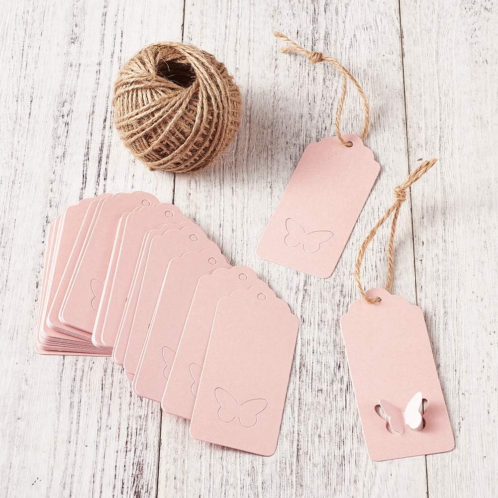 MegaPet 100pcs Pink Kraft Paper Gift Tags Printable Blank Hang Labels with 131 Feet Hanging String for Wedding Holiday Party Favors 3.54"x1.59" (9x4.05cm) : Health & Household
