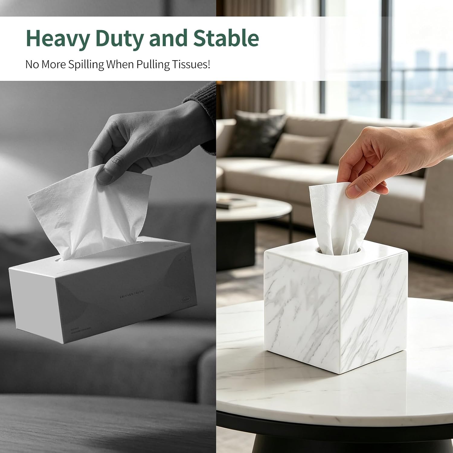 Natural Marble Tissue Box Cover, Square Cube Facial Marble Napkin Holder with Open Bottom, Decorative Marble Tissue Dispenser for Bathroom Countertop, Office Desk, Dining Table (White)