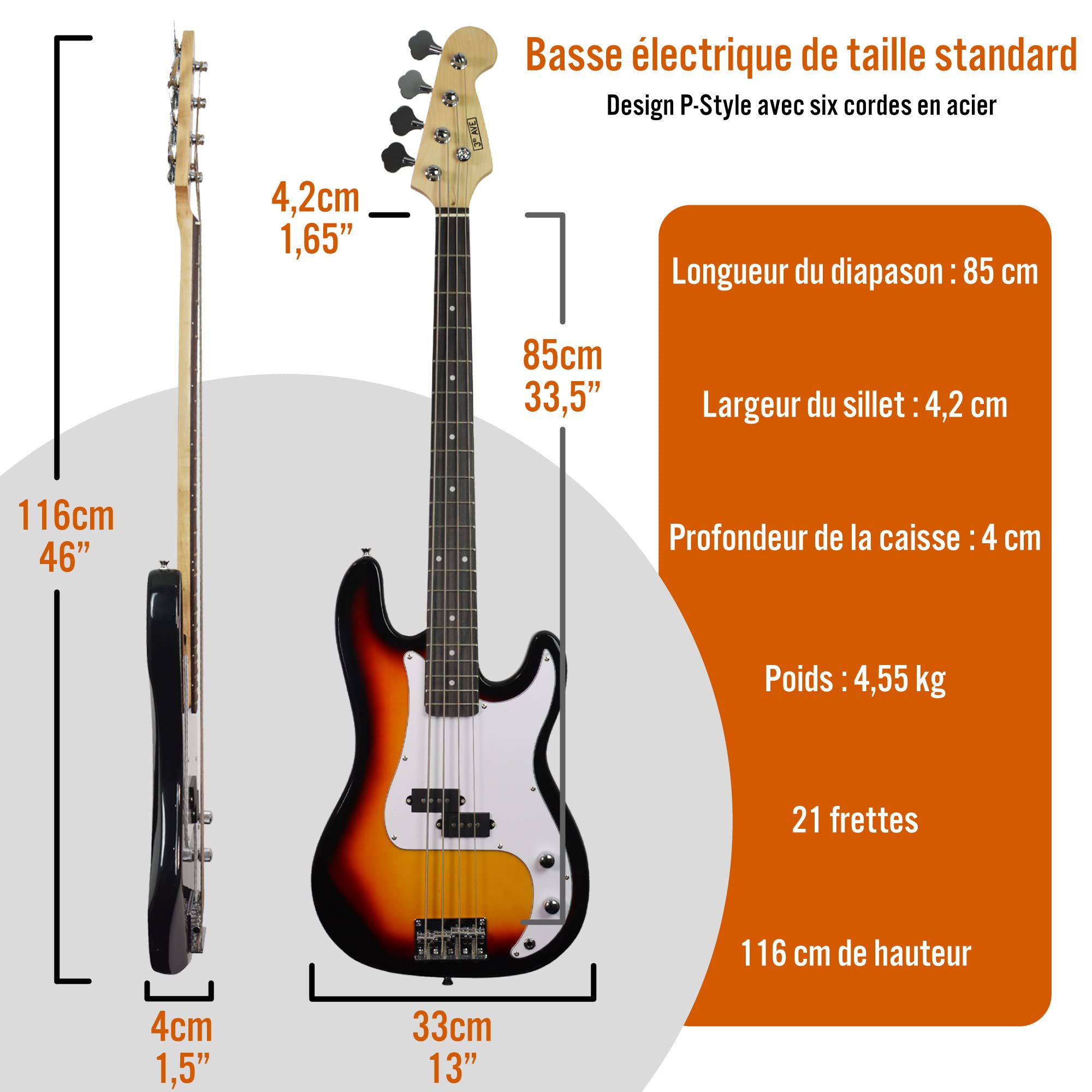 3rd Avenue Pack Guitare Basse Électrique 4/4 Taille Standard pour Débutants avec Amplificateur 15 W, Housse, Jack, Sangle, Stand et Jeu de Cordes de Rechange – Soleil