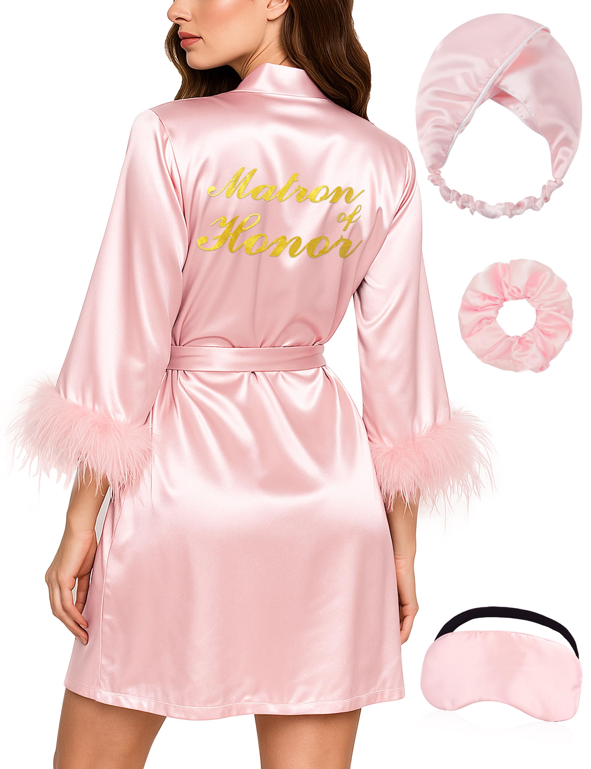 EPLAZA Bride Robe for Wedding Day Bridal Robes Feather Trim Satin Kimono Robe Bachelor Party Getting Ready Outfits