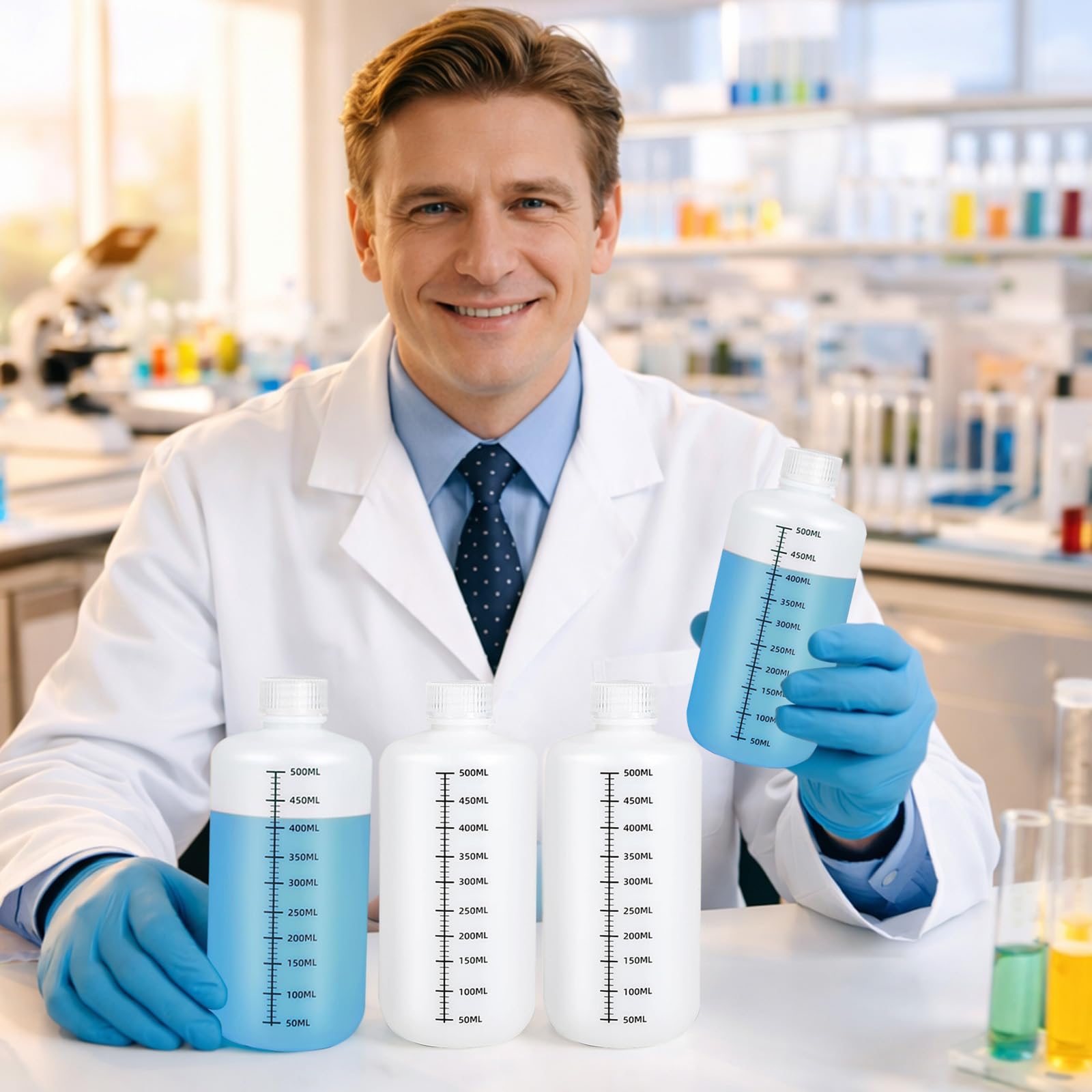 HDPE-Reagenzflaschen -500 ML Laborqualität Flüssigkeits-Aufbewahrungsflaschen, 4 Stück schmalhalsige Kunststoffflaschen mit dichtschließendem Deckel, chemikalienbeständig