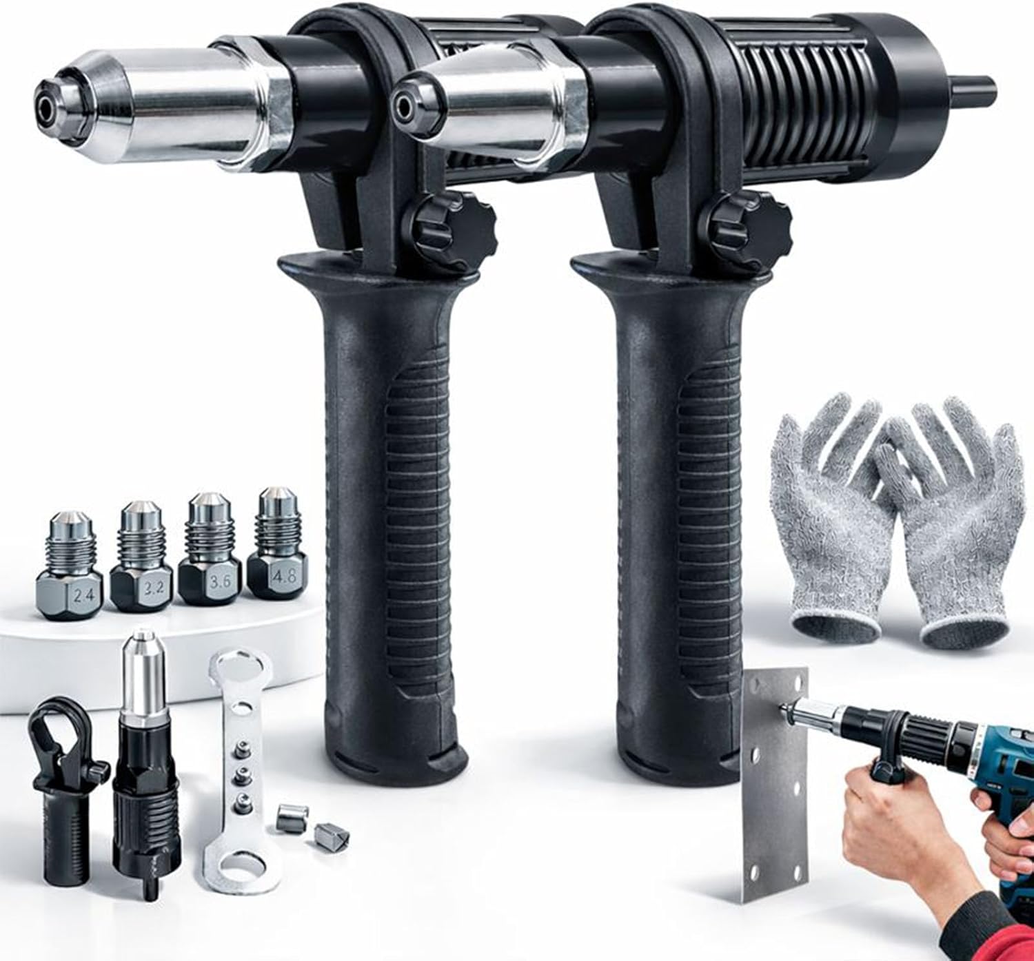 Professional Electric Rivet Gun Adapter Kit, Pro-Grade Electric Rivet Gun Adapter with Removable Handle 4 Rivet Heads for Cordless Screwdrivers and Drills Turn Your Drill into a Riveting Beast (2PCSS)