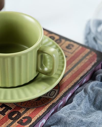 Miniatura 6 de LUXU Taza de café de cerámica con plato (redondo 9.5 onzas, verde)