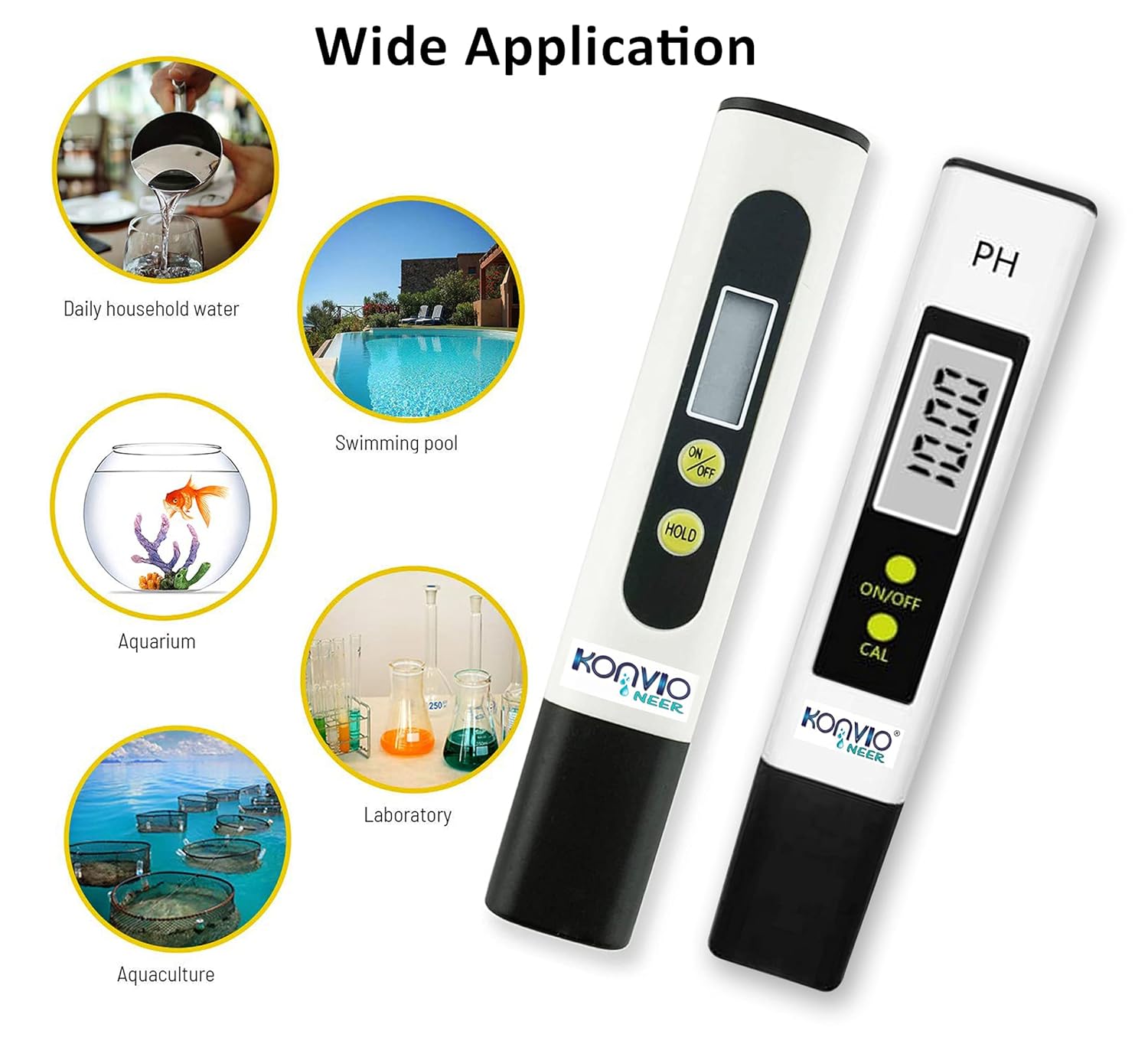 KONVIO NEER TDS meter showing applications for drinking water, food, aquarium, hydroponics, pool, and RO/DI systems.