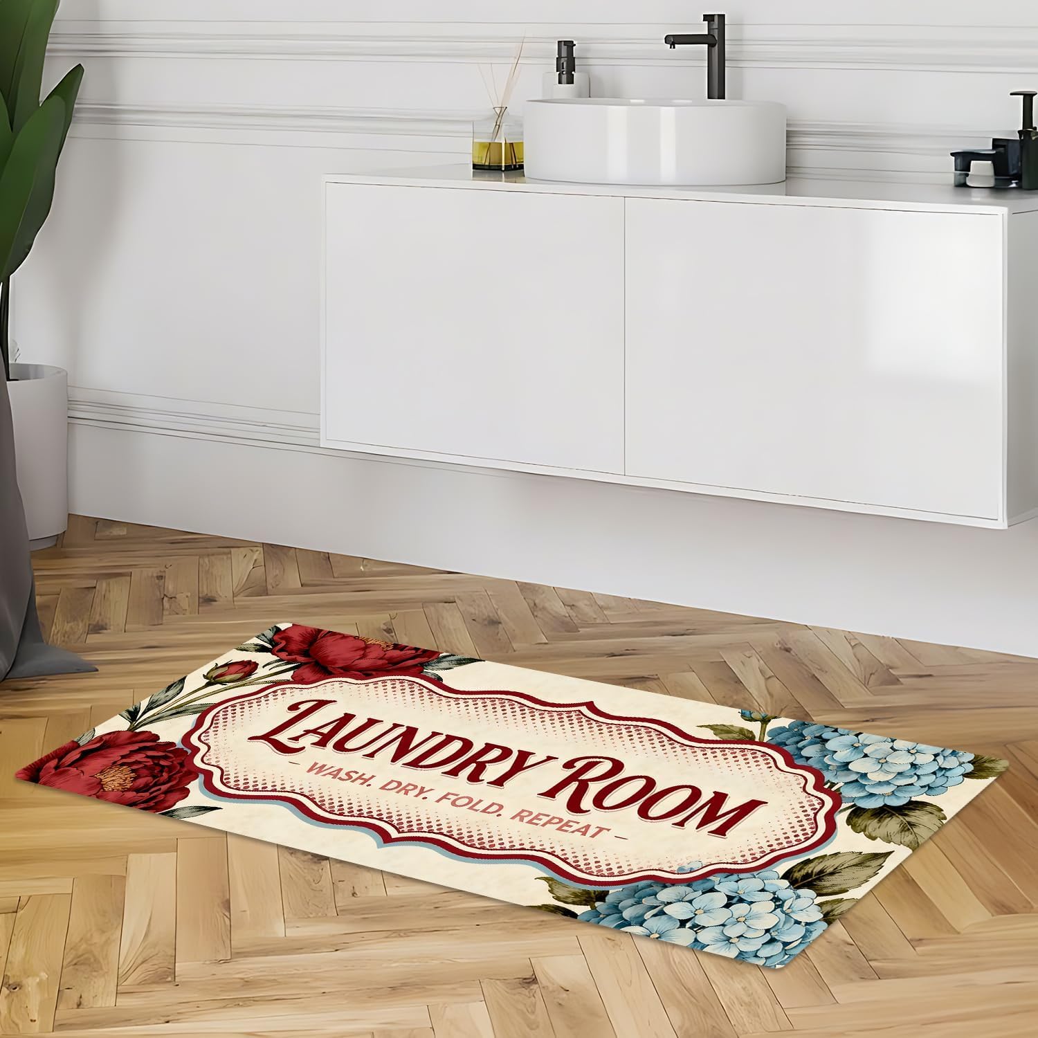 Laundry Room Rug Runner 47"x20" Non Slip Washable Floor Runner, Peony Floral with Vintage Lettering for Hallway Front Entrance Bathroom Decor
